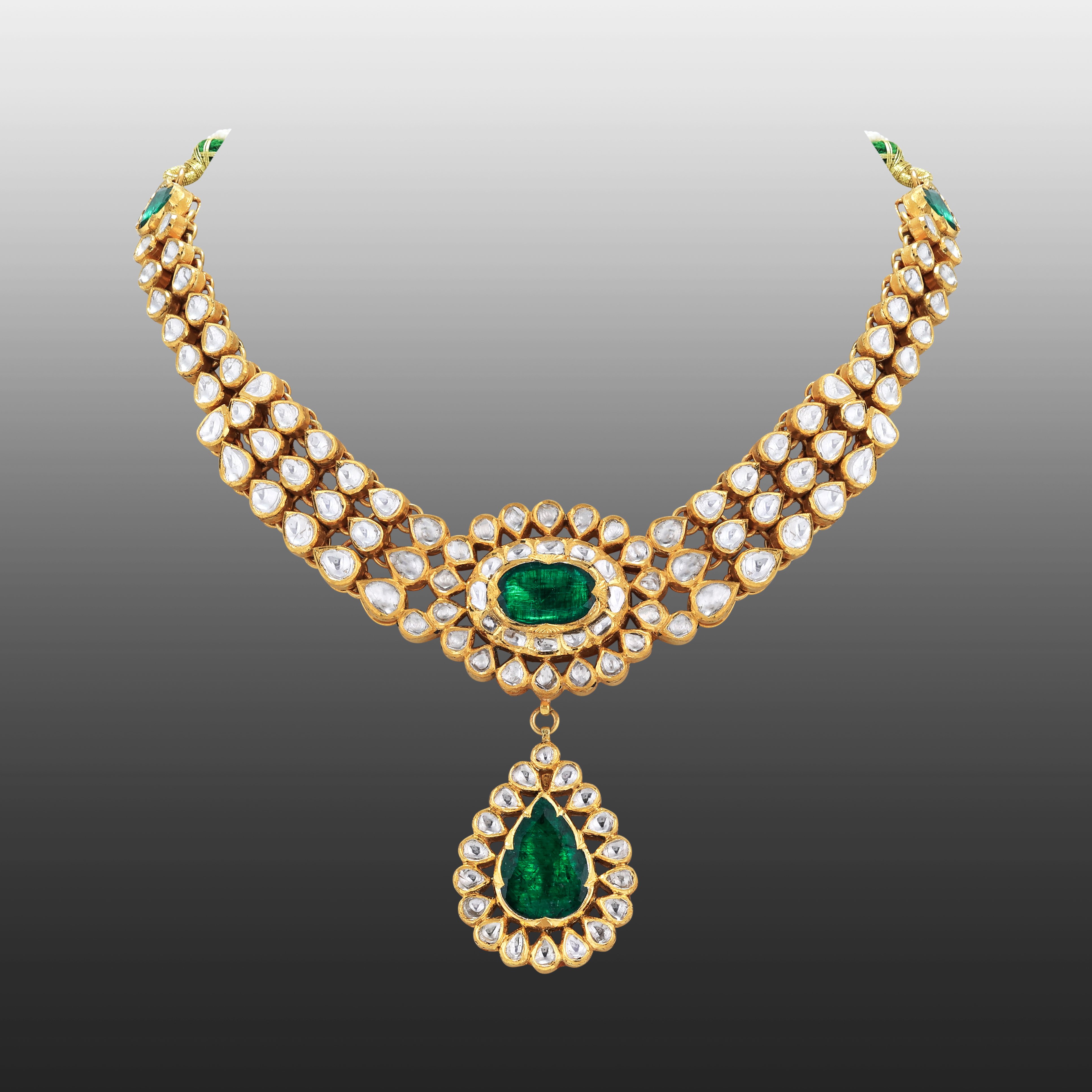 Pear Polki Necklace with Emerald Drop