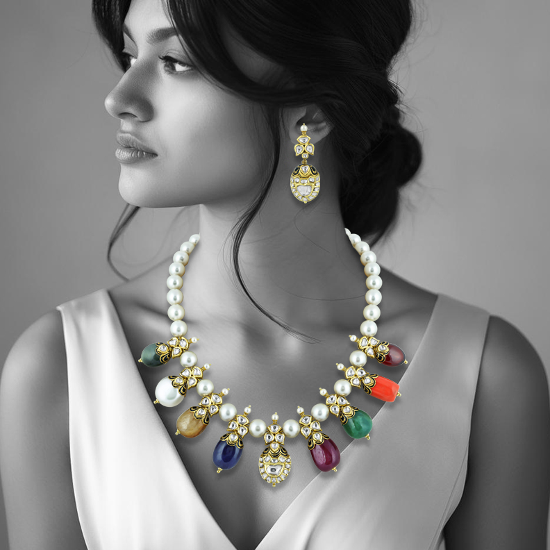 Navaratna Necklace Set with Pearls, Polki, and Vibrant Gemstones