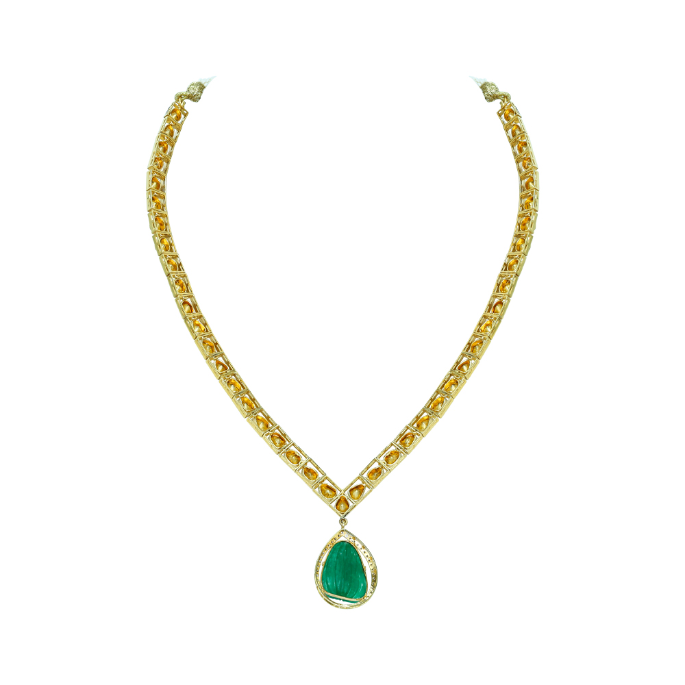 Polki Diamond Necklace with Open Setting and Emerald Teardrop Pendant
