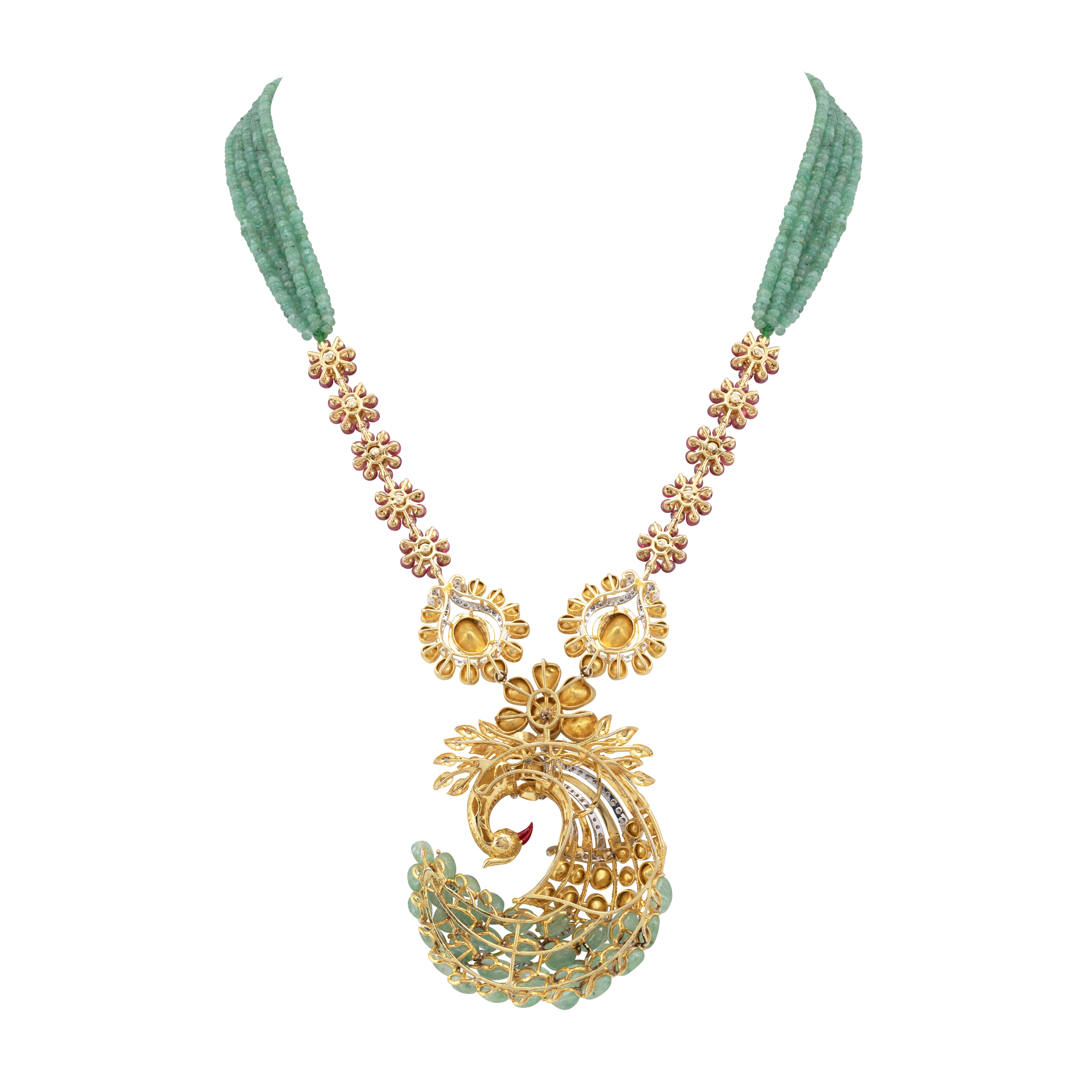 Ruby and Emerald Peacock Pendant Necklace