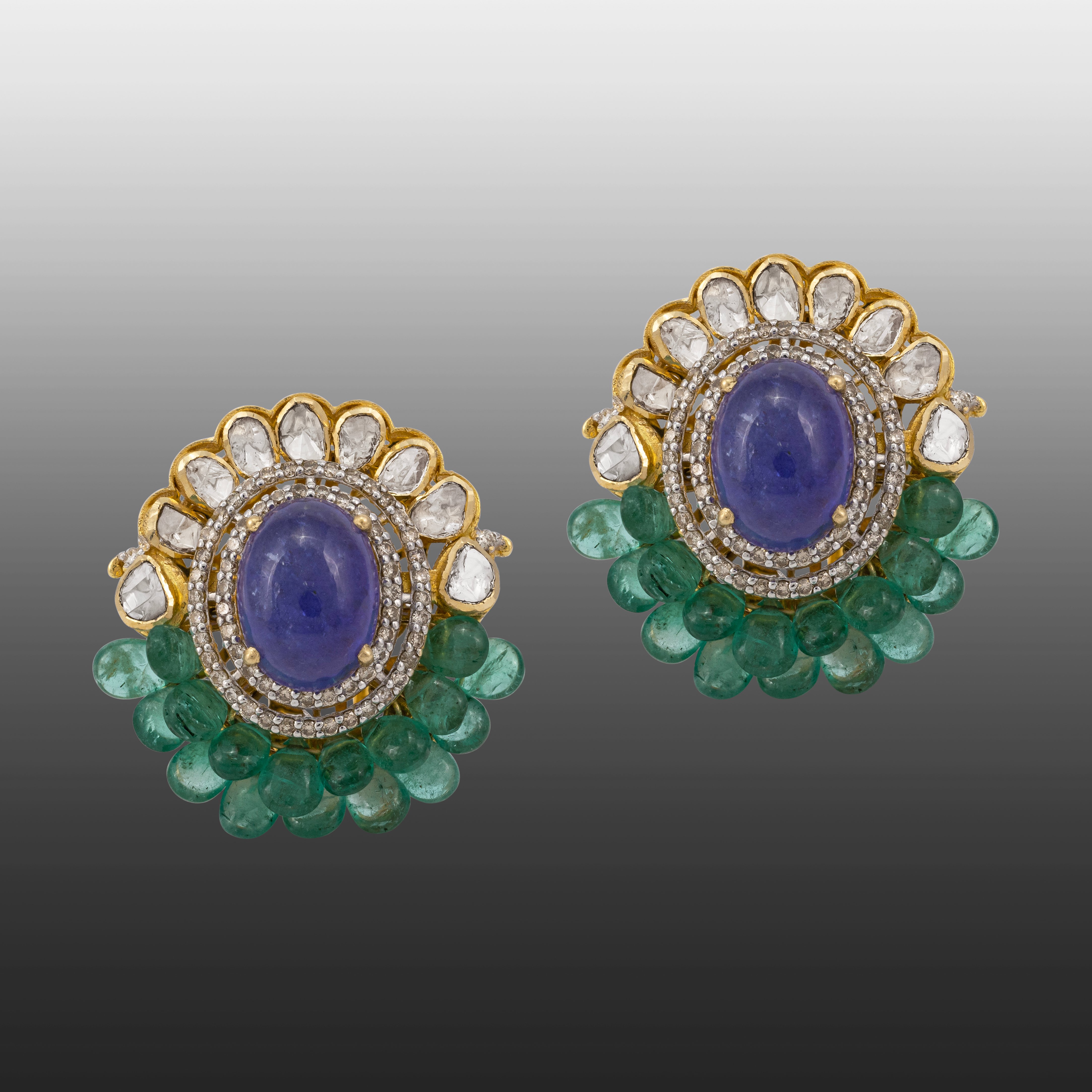 Oval Tanzanite Studs with Polki Half Border and Emerald Beads