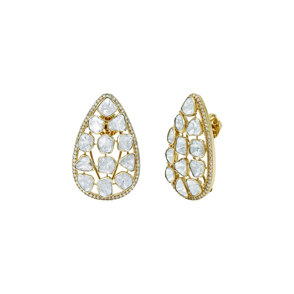 Teardrop Polki Earrings with Lattice Design and Diamond Border