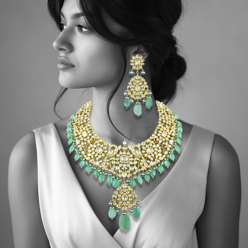 Polki Necklace Set with Gold Detailing and Emerald Drops