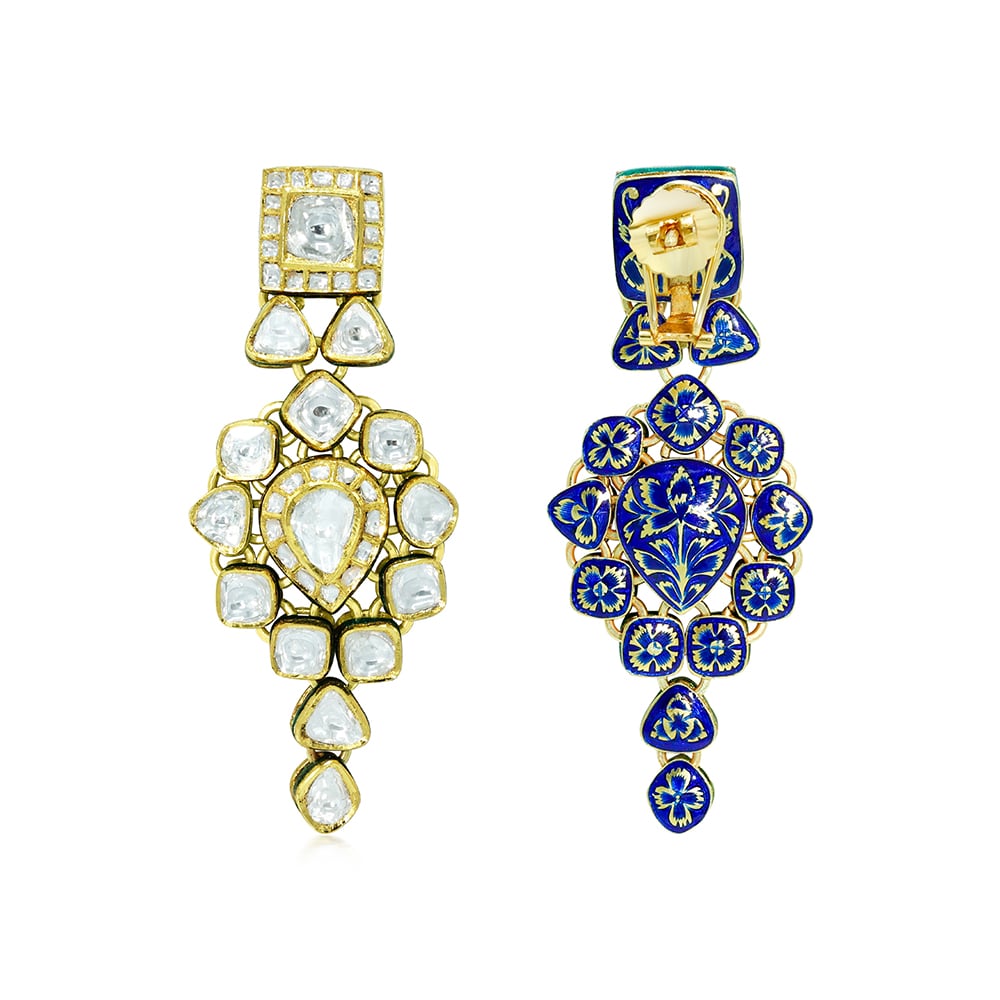 Gold Dangling Earrings with Pear-Shaped Polki Center