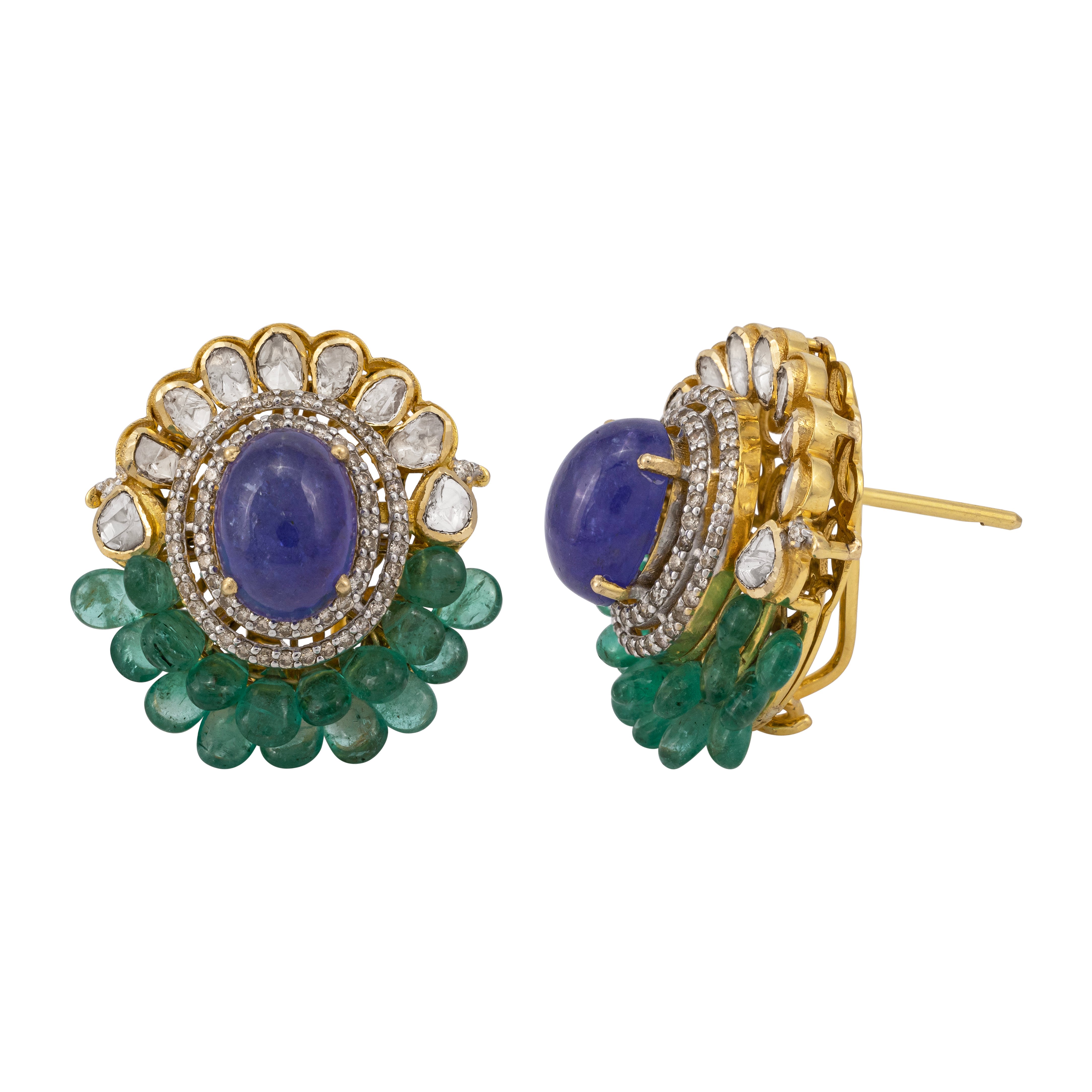 Oval Tanzanite Studs with Polki Half Border and Emerald Beads