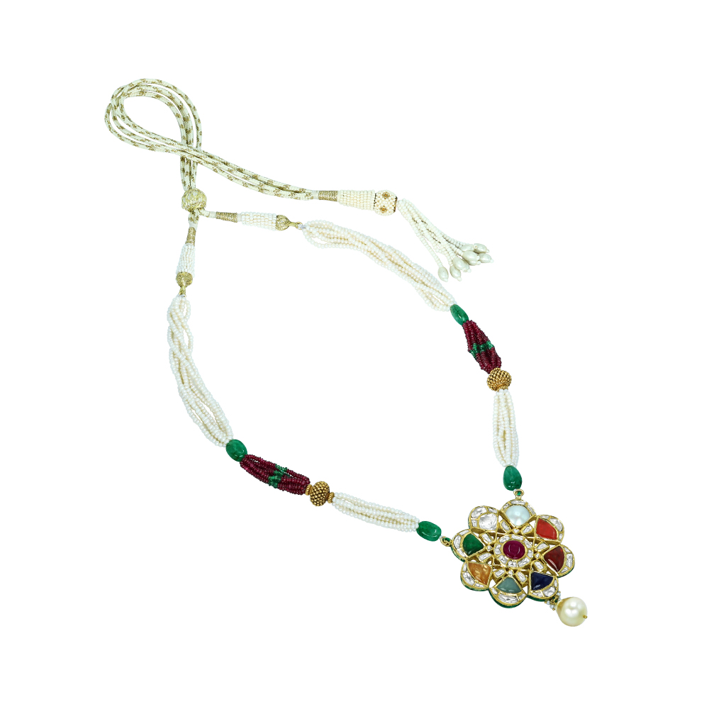 Navaratna Pendant Necklace with Pearls, Emeralds, and Ruby Beads