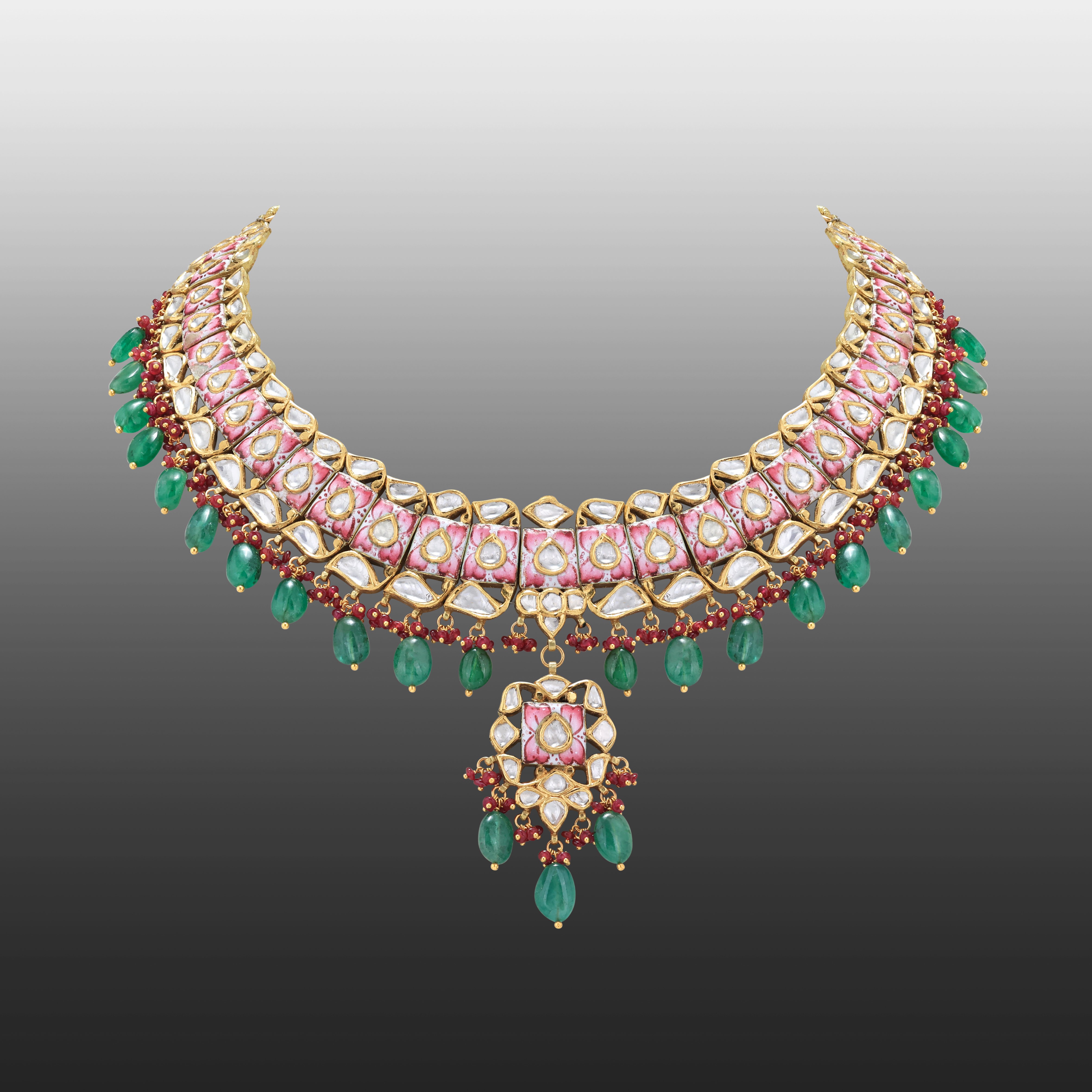 Pink Floral Polki Necklace with Emerald Maniya and Red Beads