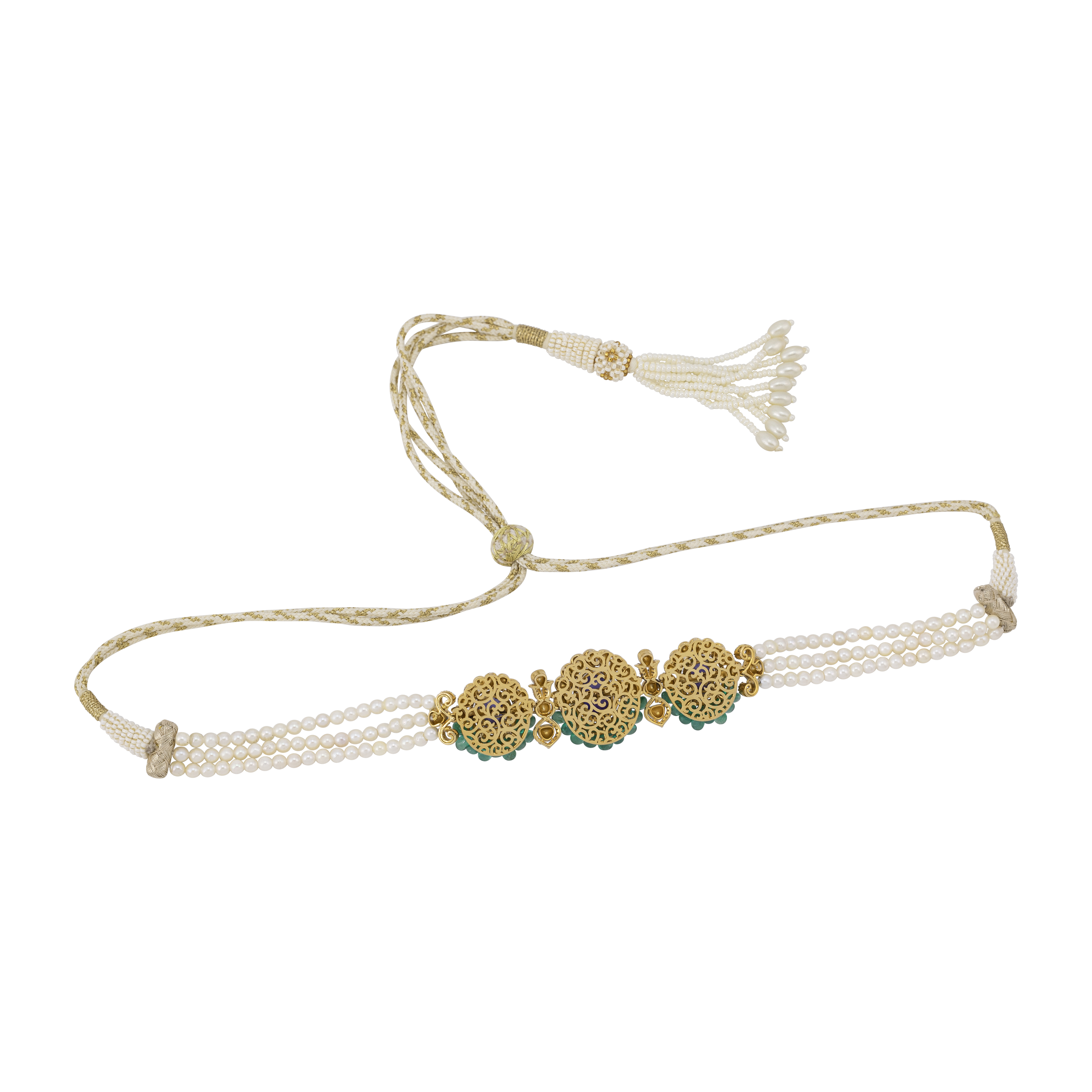 Tanzanite and Emerald Choker with Pearl Strands