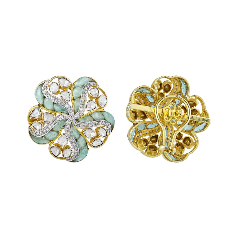 Floral Polki Earrings with Soft Green Talaf and Polki Swirl Design