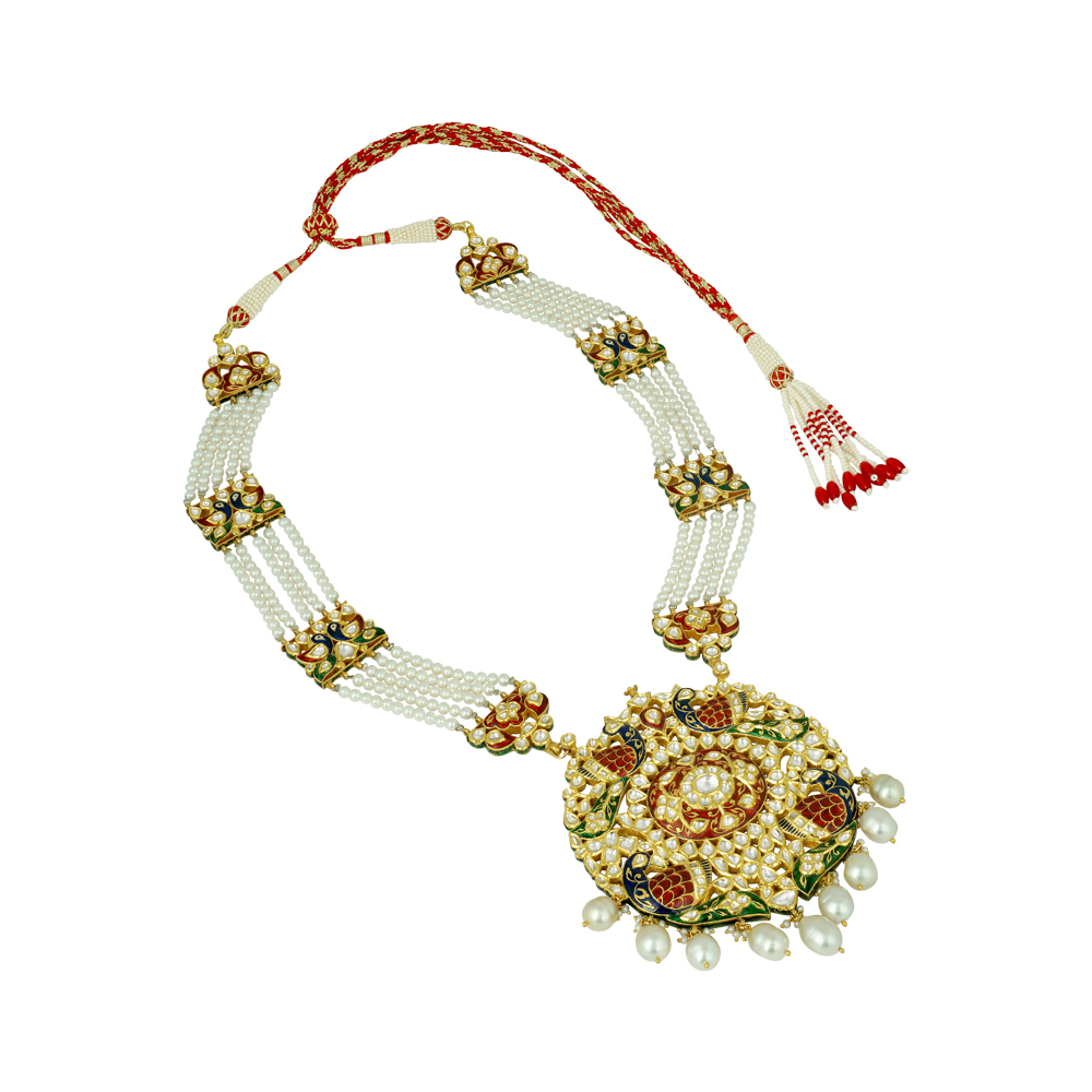 Peacock Pendant Necklace with Polki and Multi-Layered Pearls