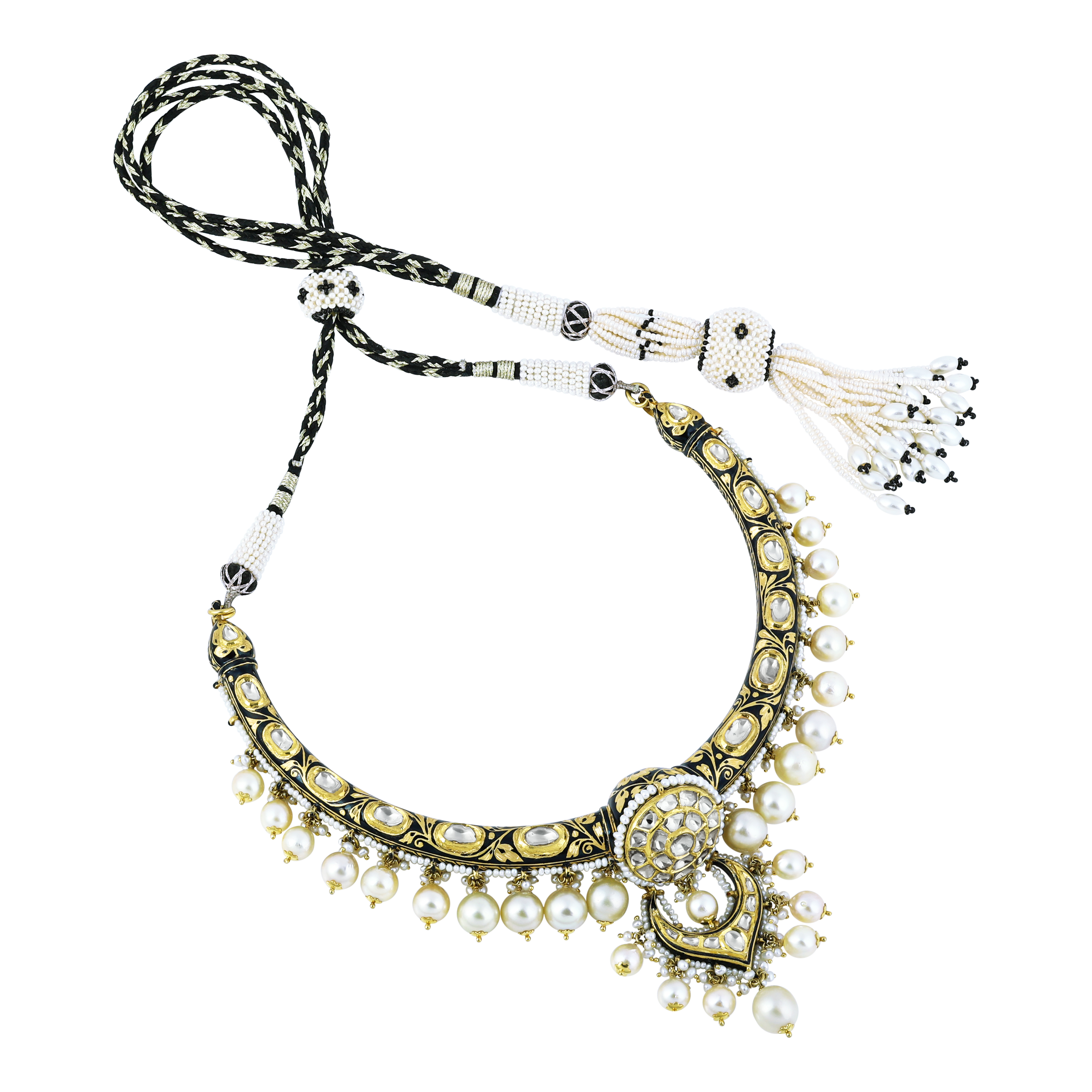 Hasli Polki Necklace Set with Black Enamel and Pearls