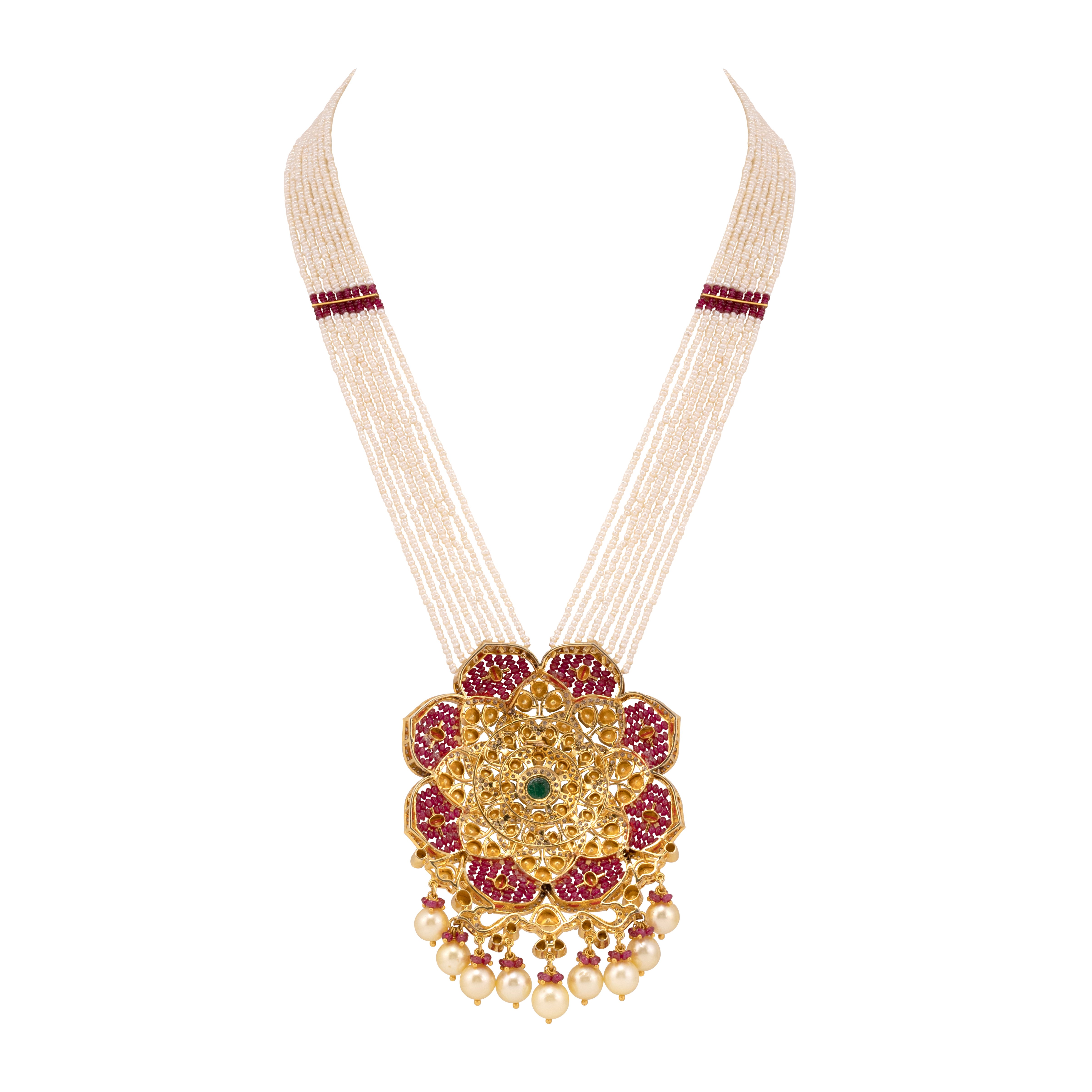 Pearl Strand Necklace with Polki, Ruby, and Emerald Pendant