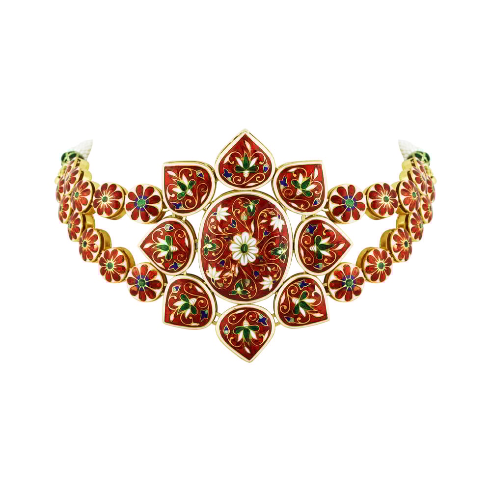 Floral Polki Choker with Green Enamel and Dual Polki Strings