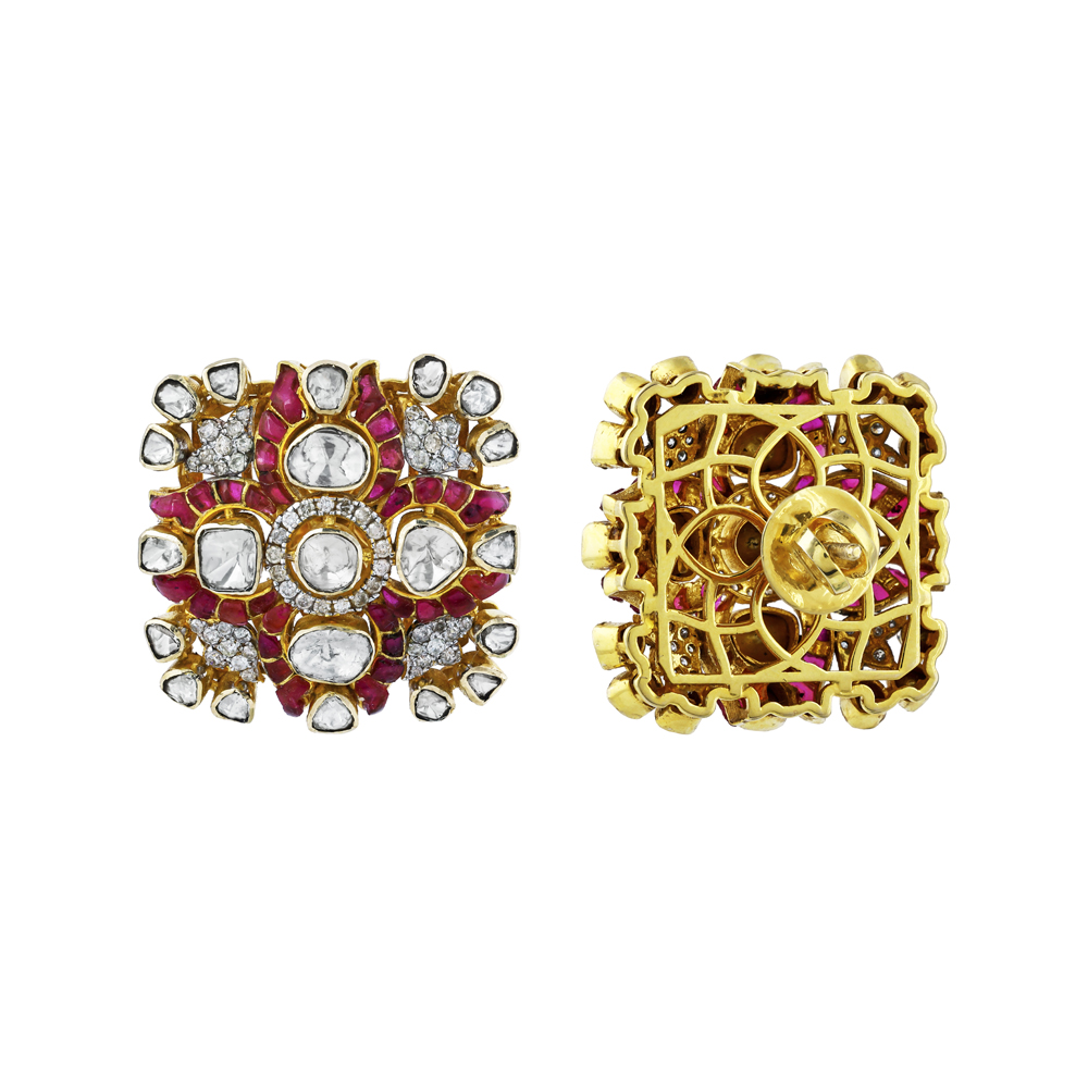 Square Polki Stud Earrings with Red Accents