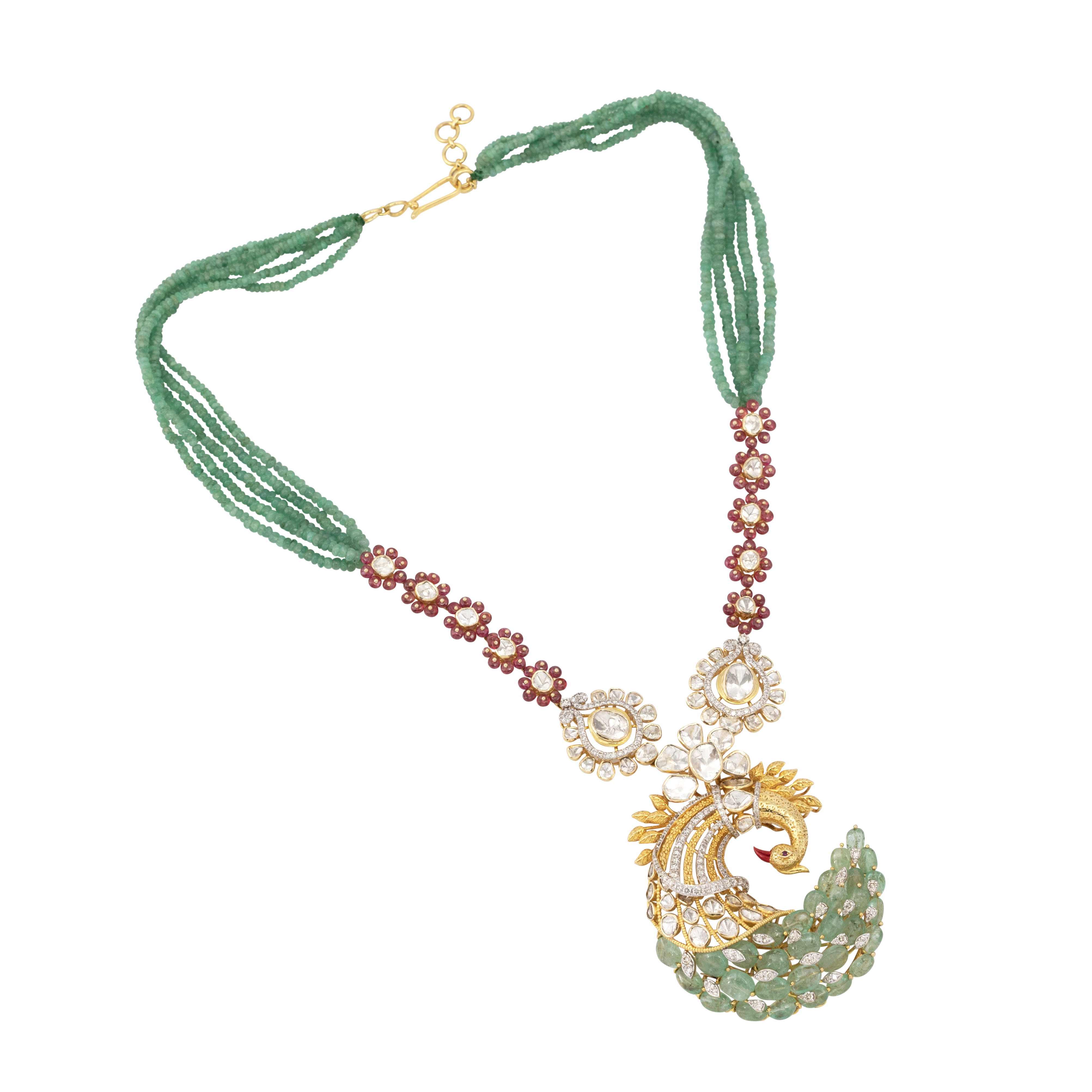 Ruby and Emerald Peacock Pendant Necklace