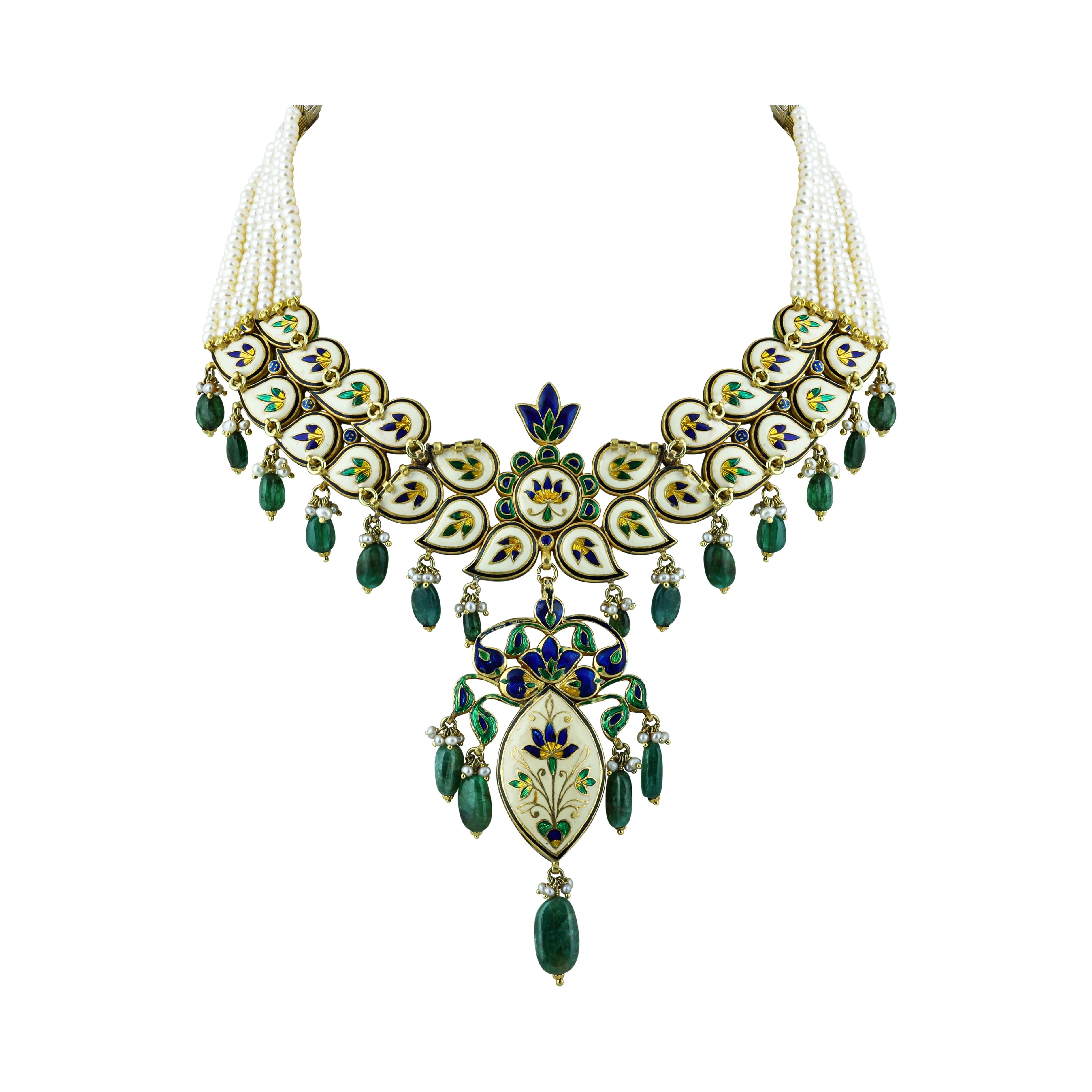 Polki Necklace Set with Emerald Drops and Pearl Strands