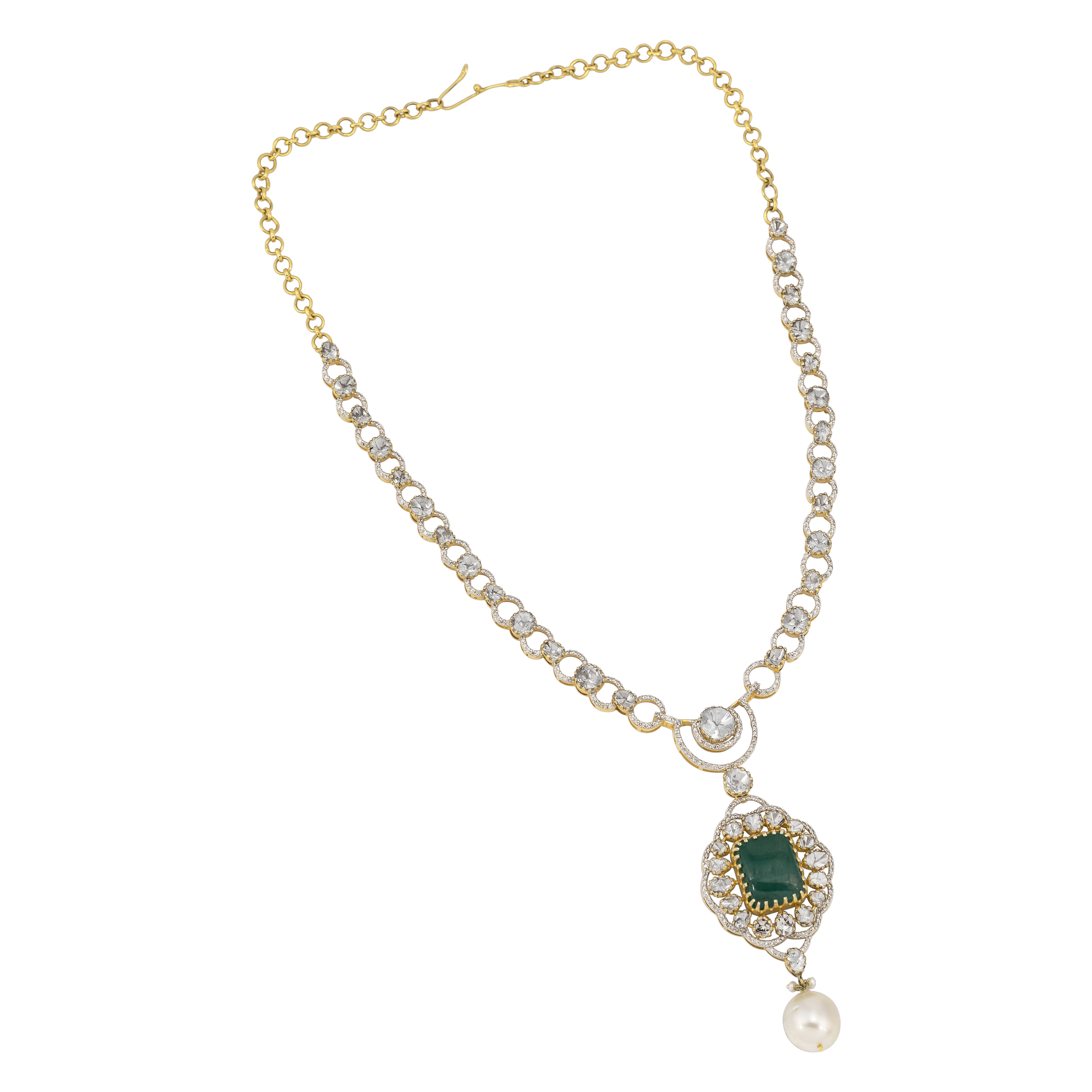 Claw-Set Emerald Pendant with Polki Diamond and Pearl Drops