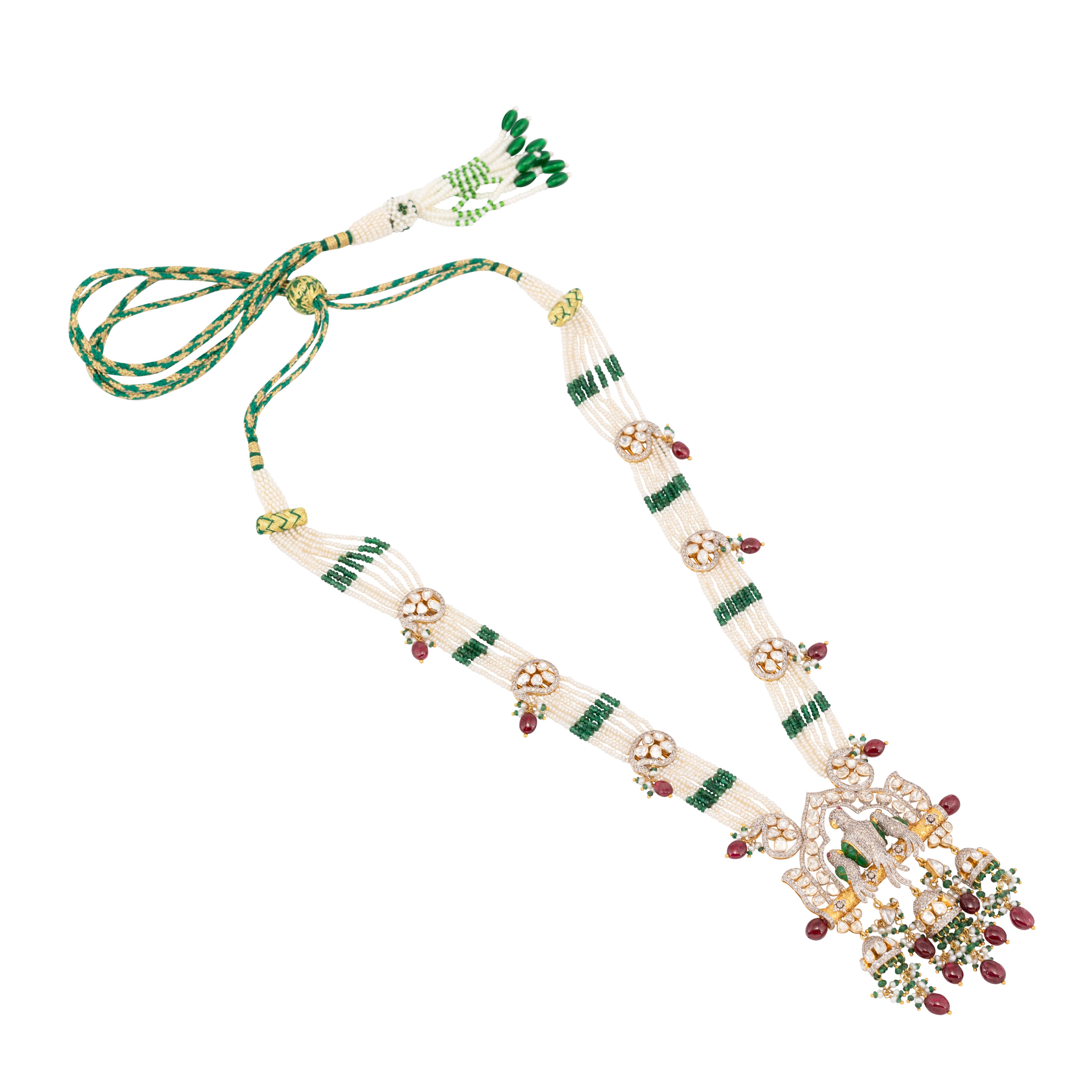 Culture Pearls and Emerald Necklace with Bird Motif Pendant