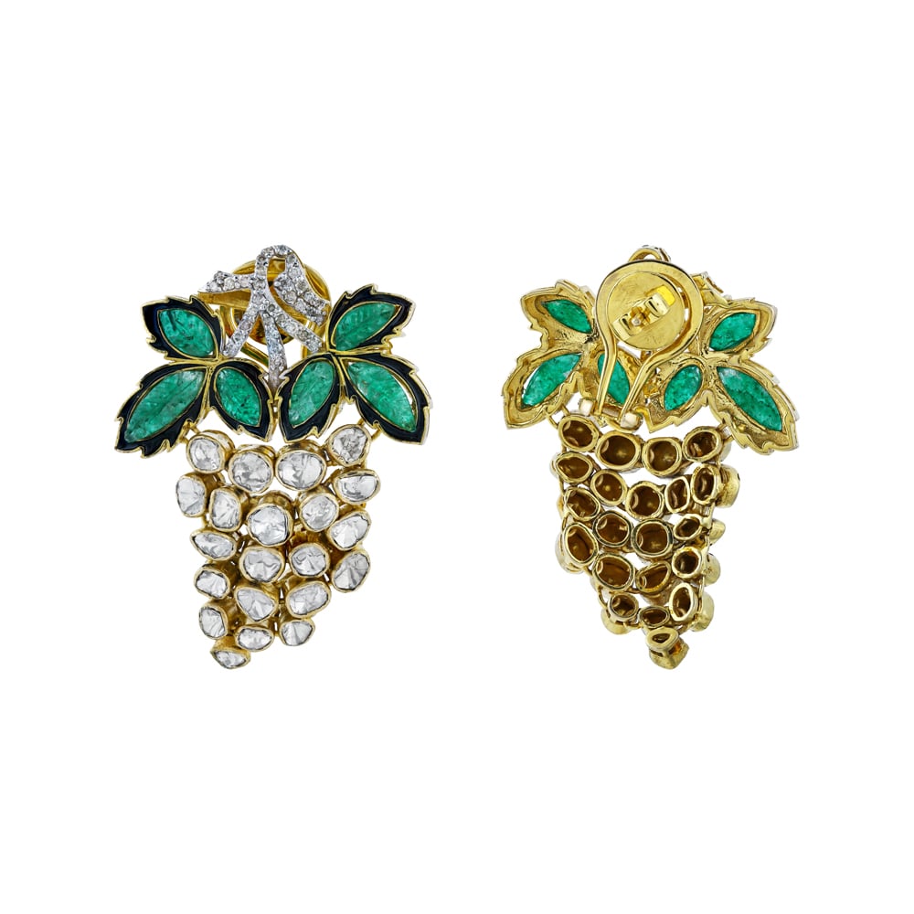 Cluster of Grapes Earrings with Uncut Diamond Polki and Green Talafs
