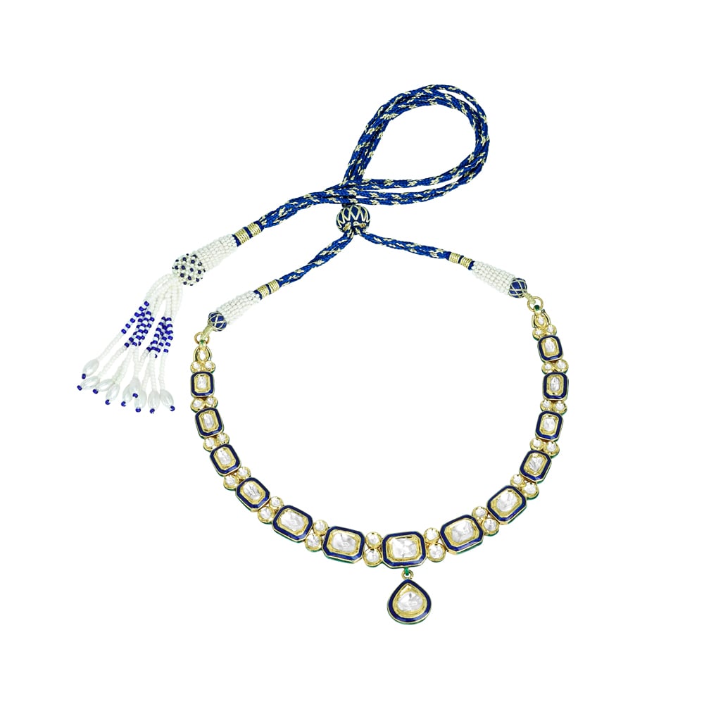 Square and Teardrop Polki Necklace with Blue Meena