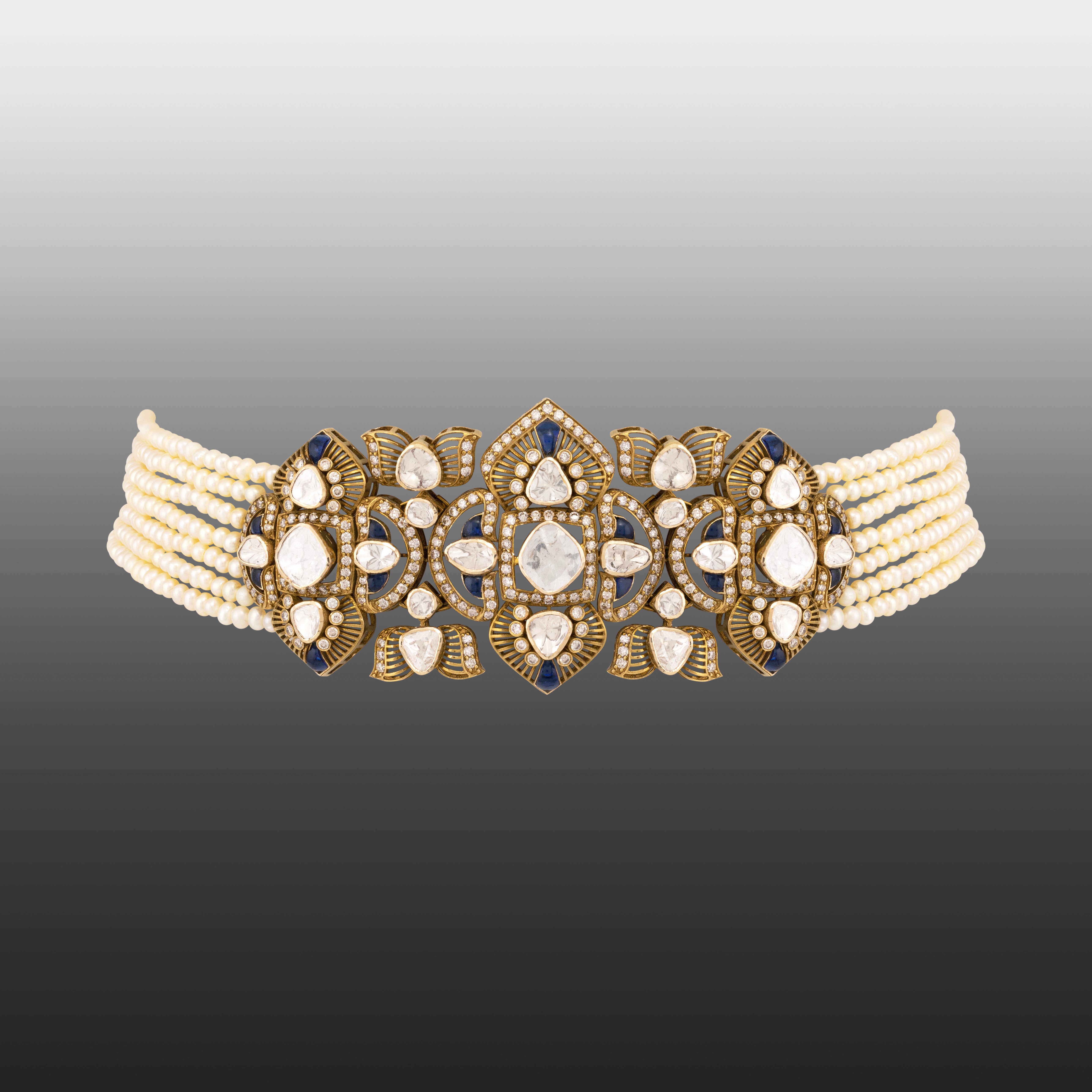 Antique Finish Choker with Blue Detail and Cheed Pearls