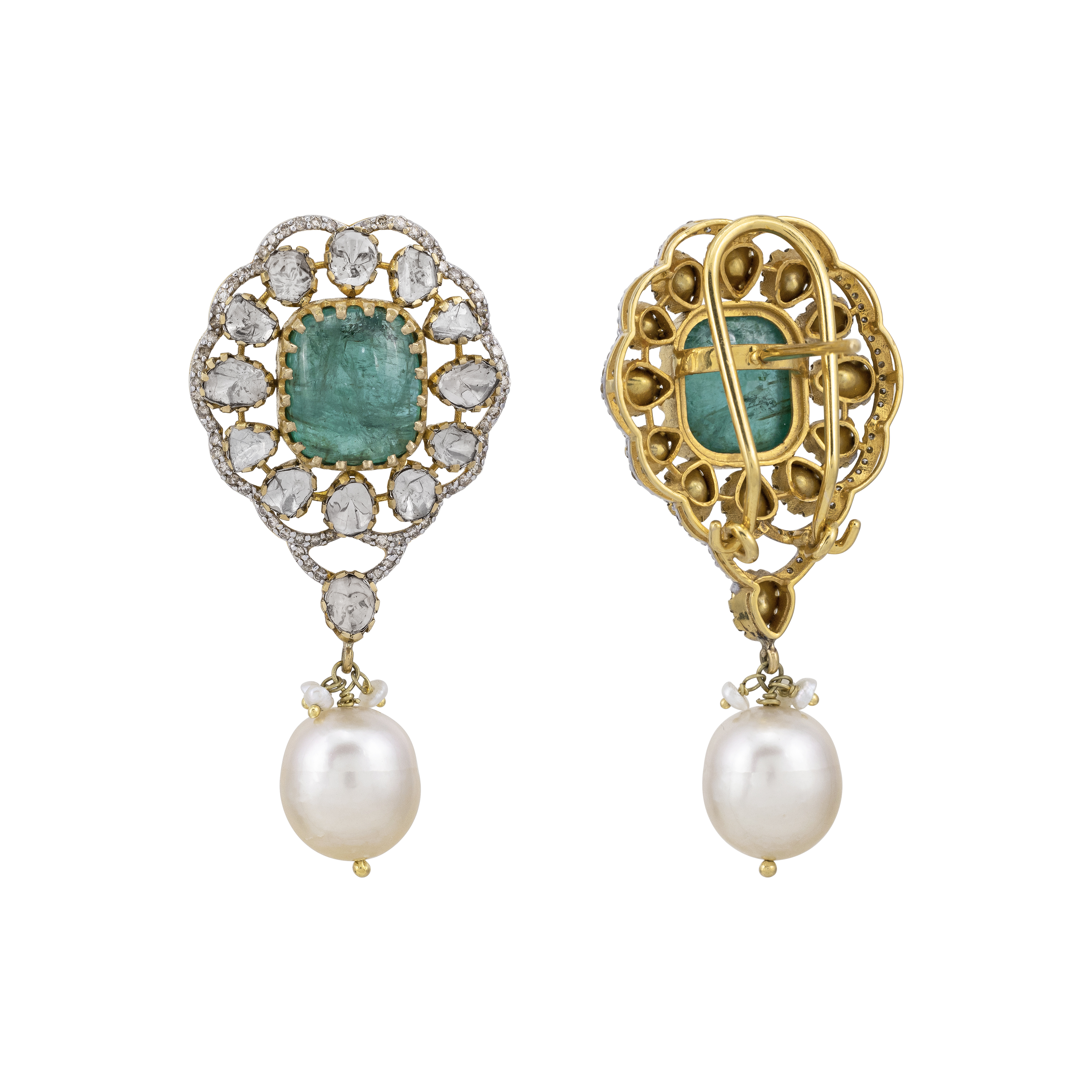 Claw-Set Emerald Earrings with Polki Diamond and Pearl Drops