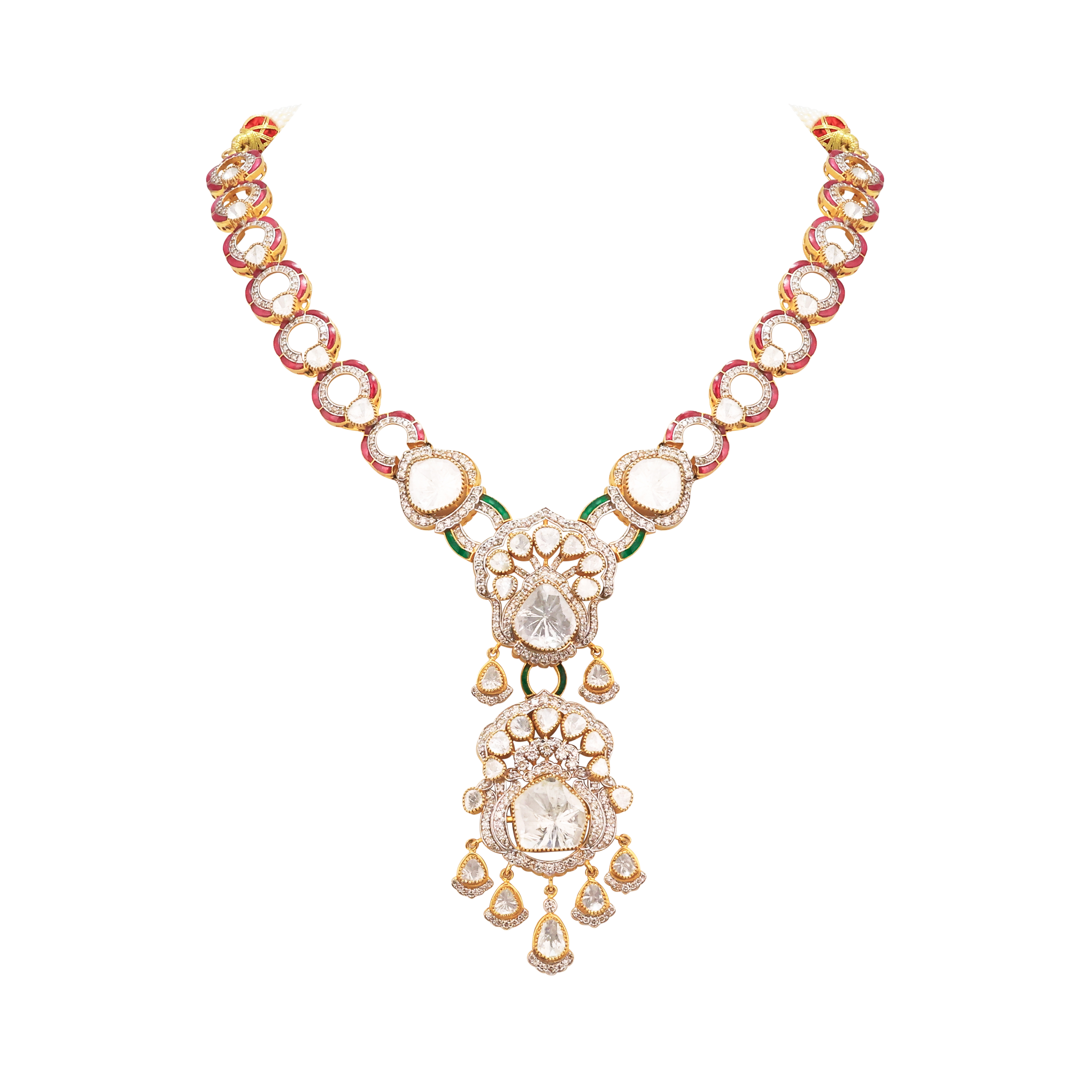 Double Polki Pendant Necklace with Ruby-Emerald Talaf