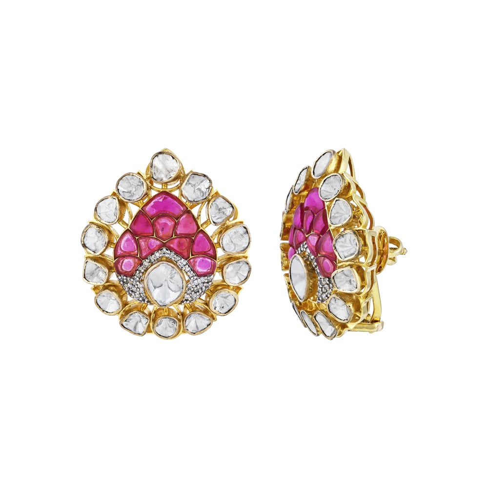 Teardrop Earrings with Uncut Diamonds and Pink Talaf