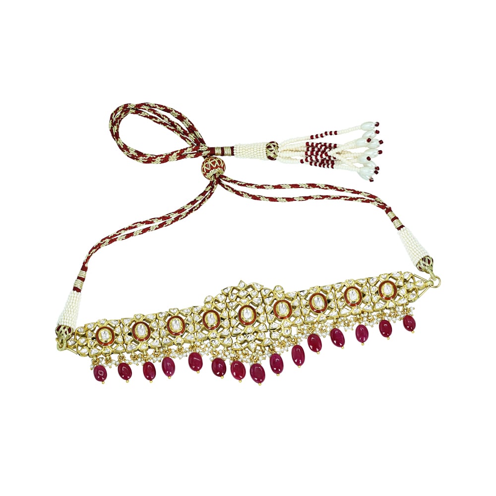 Polki Diamond Choker with Ruby Tumbles and Red Enamel