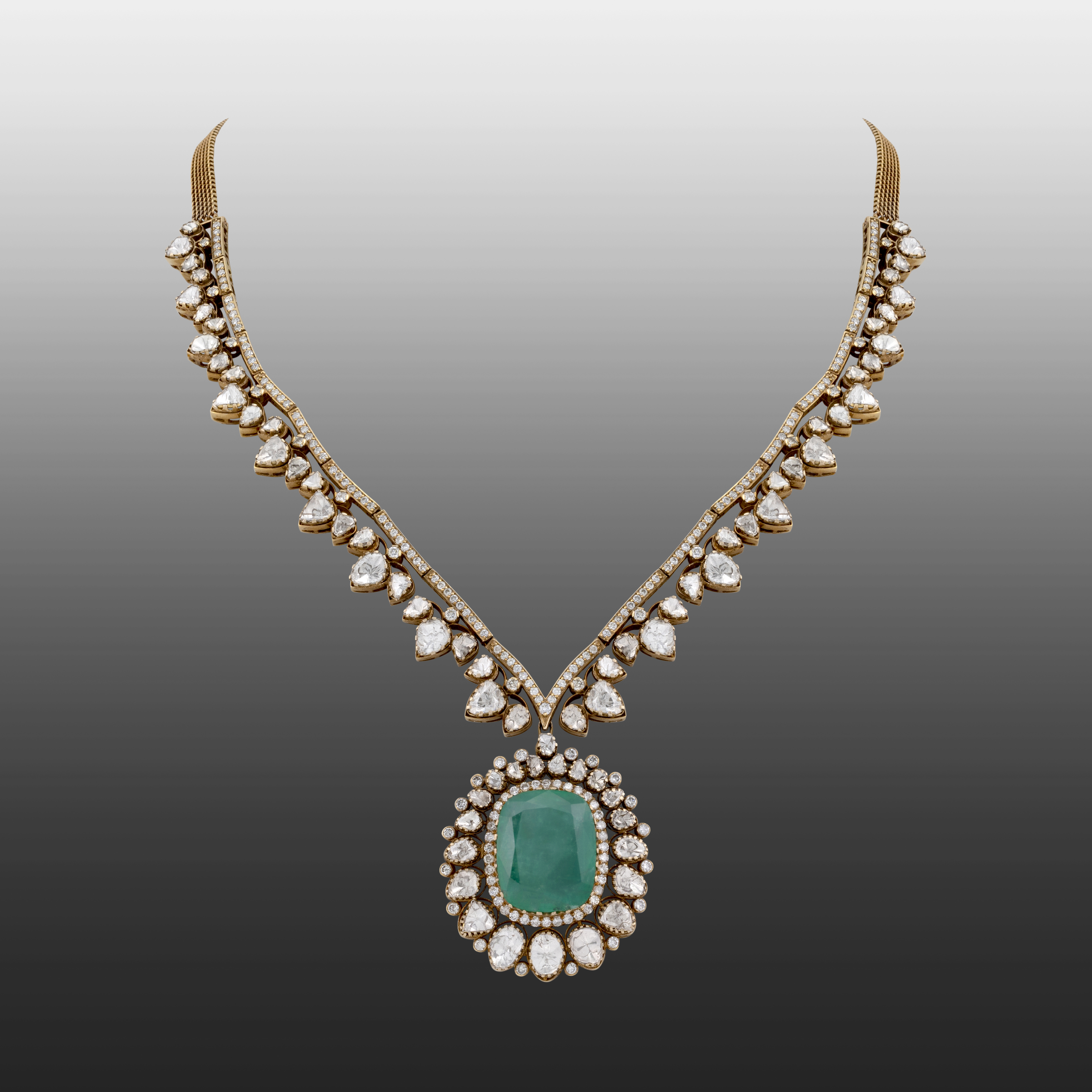 Emerald Pendant Necklace and Earring Set with Diamond Highlights