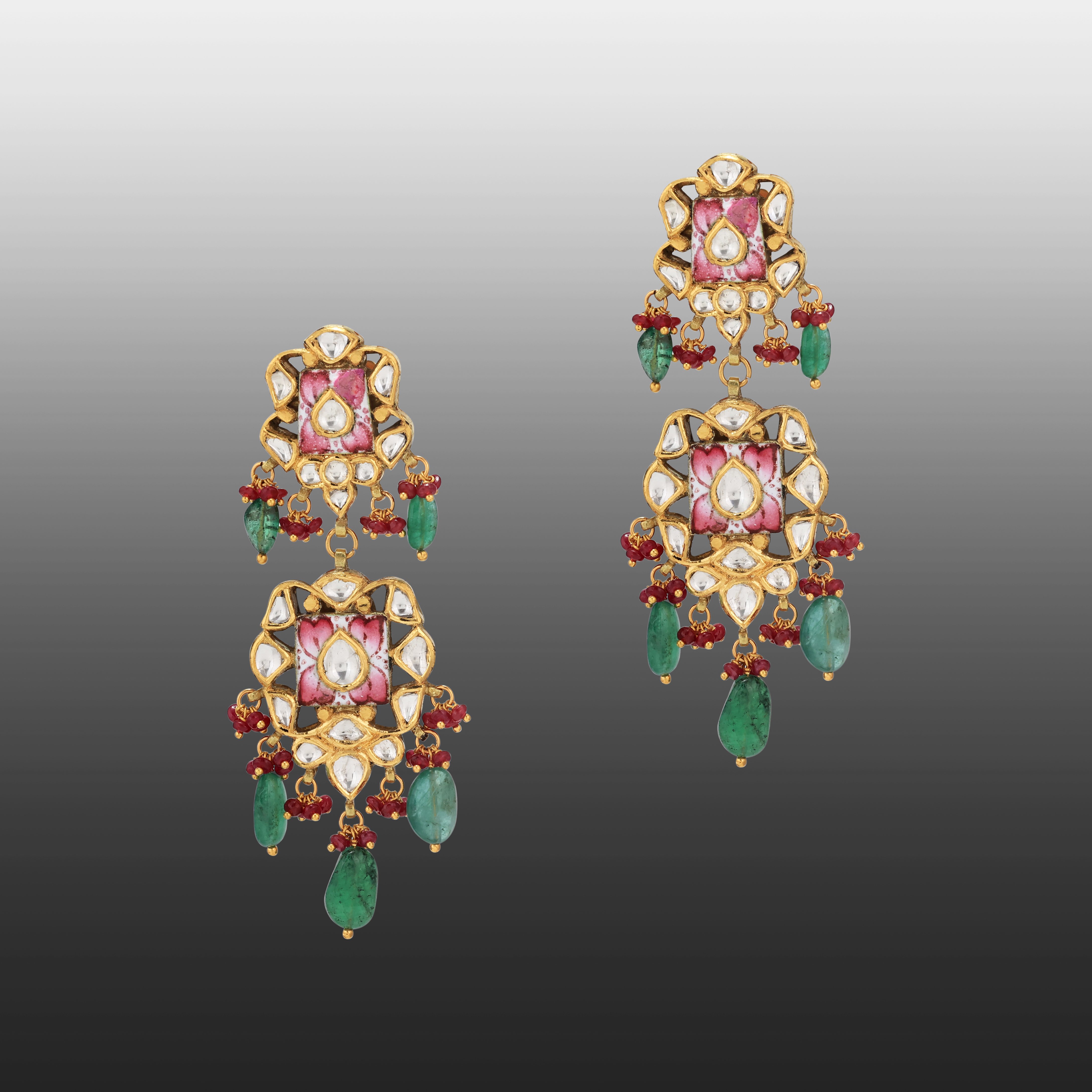 Pink Enamel Polki Earrings with Emerald Maniya and Red Beads