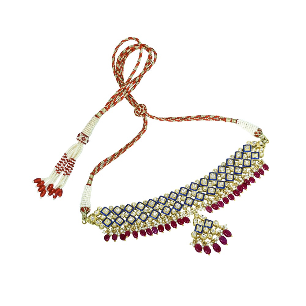 Polki Choker with Blue Enamel, Ruby Drops, and Culture Pearls