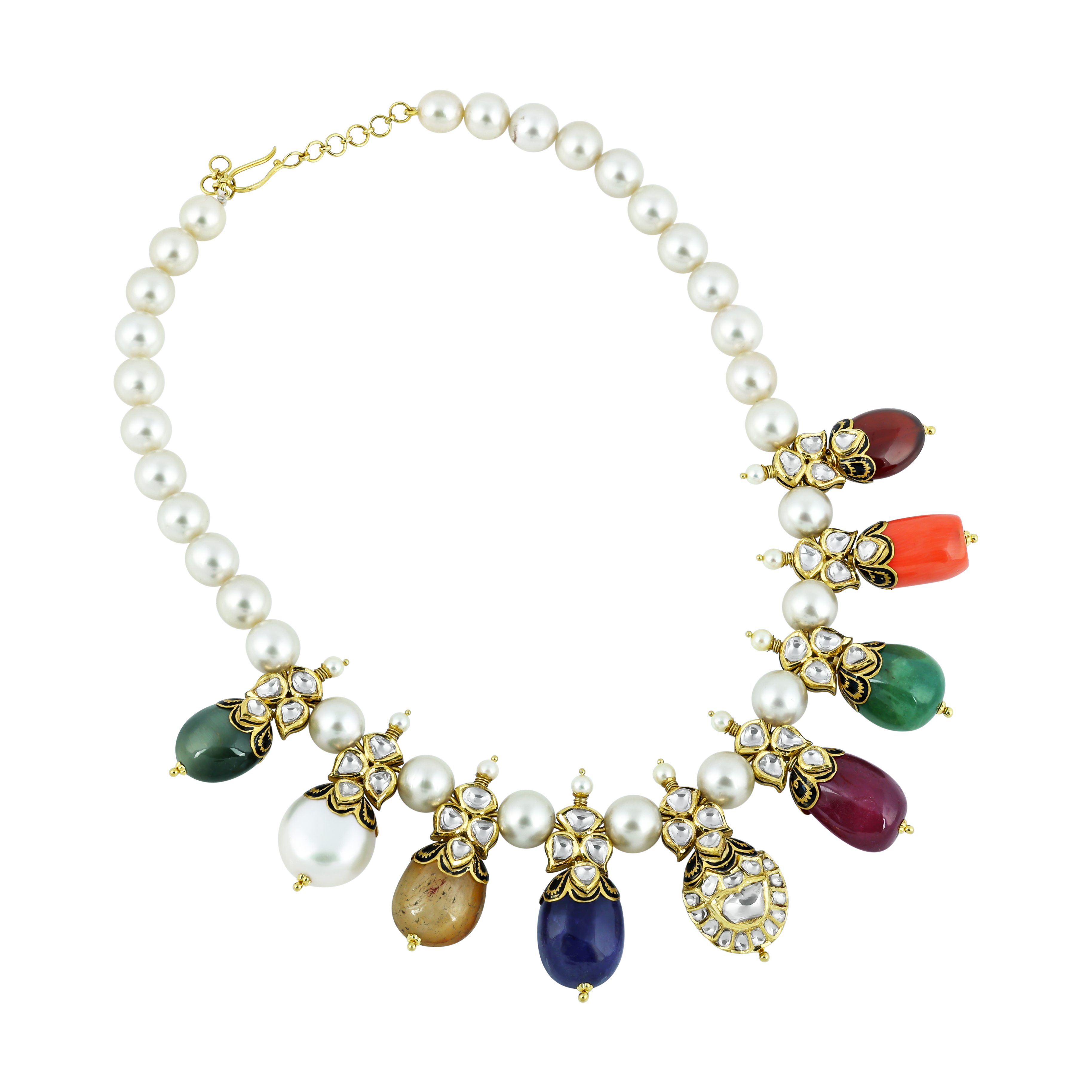 Navaratna Necklace Set with Pearls, Polki, and Vibrant Gemstones