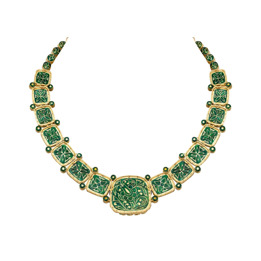 Uncut Polki Necklace with Green Enamel Chuddi Work