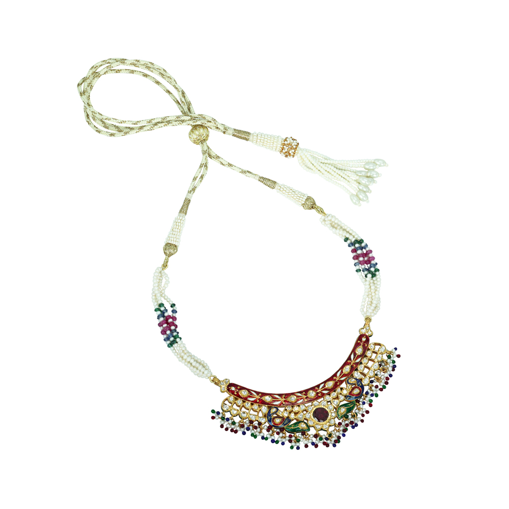 Polki Necklace with Red Enamel and Multicolour Bead Fringes