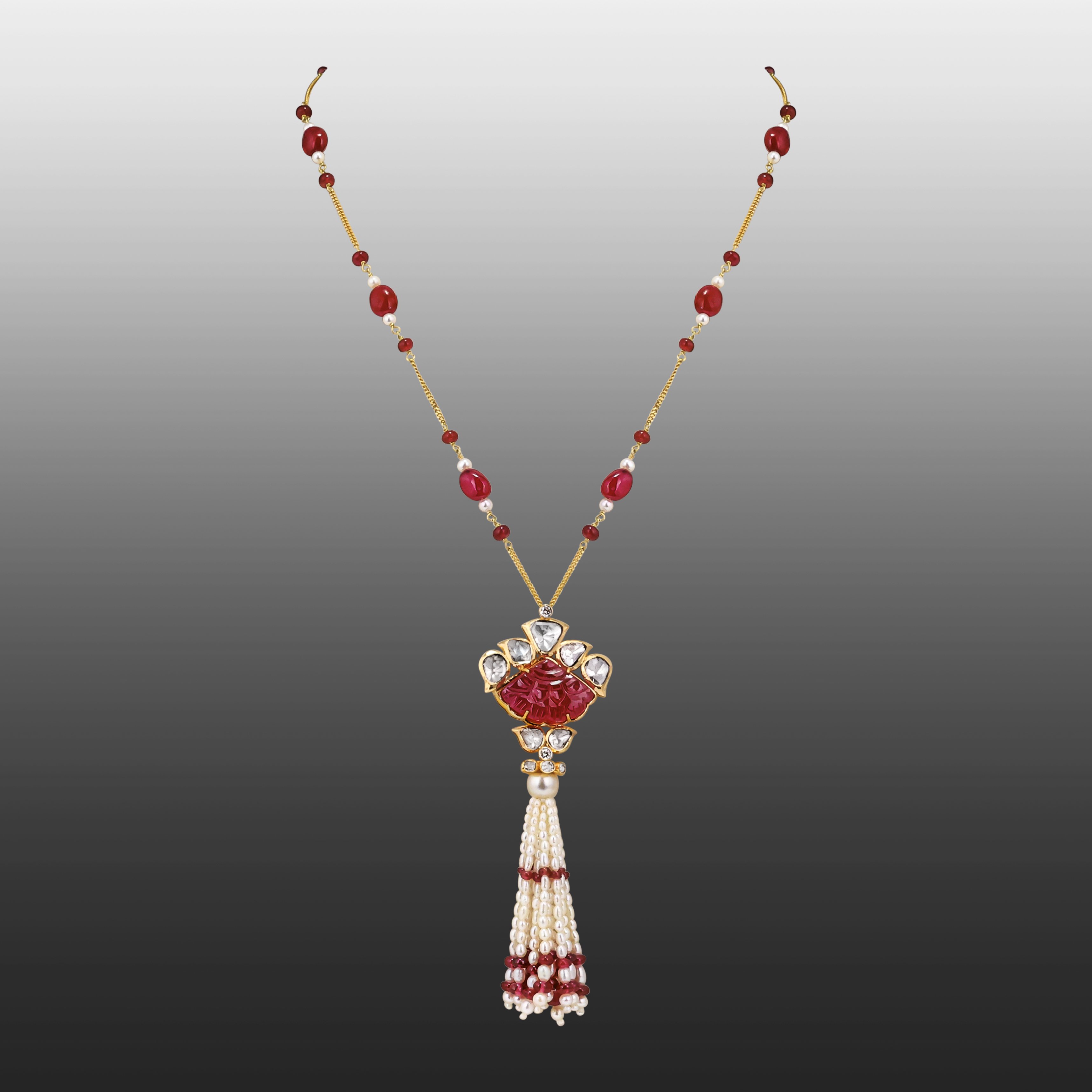 Carved Ruby Pendant Necklace with Pearl Tassel