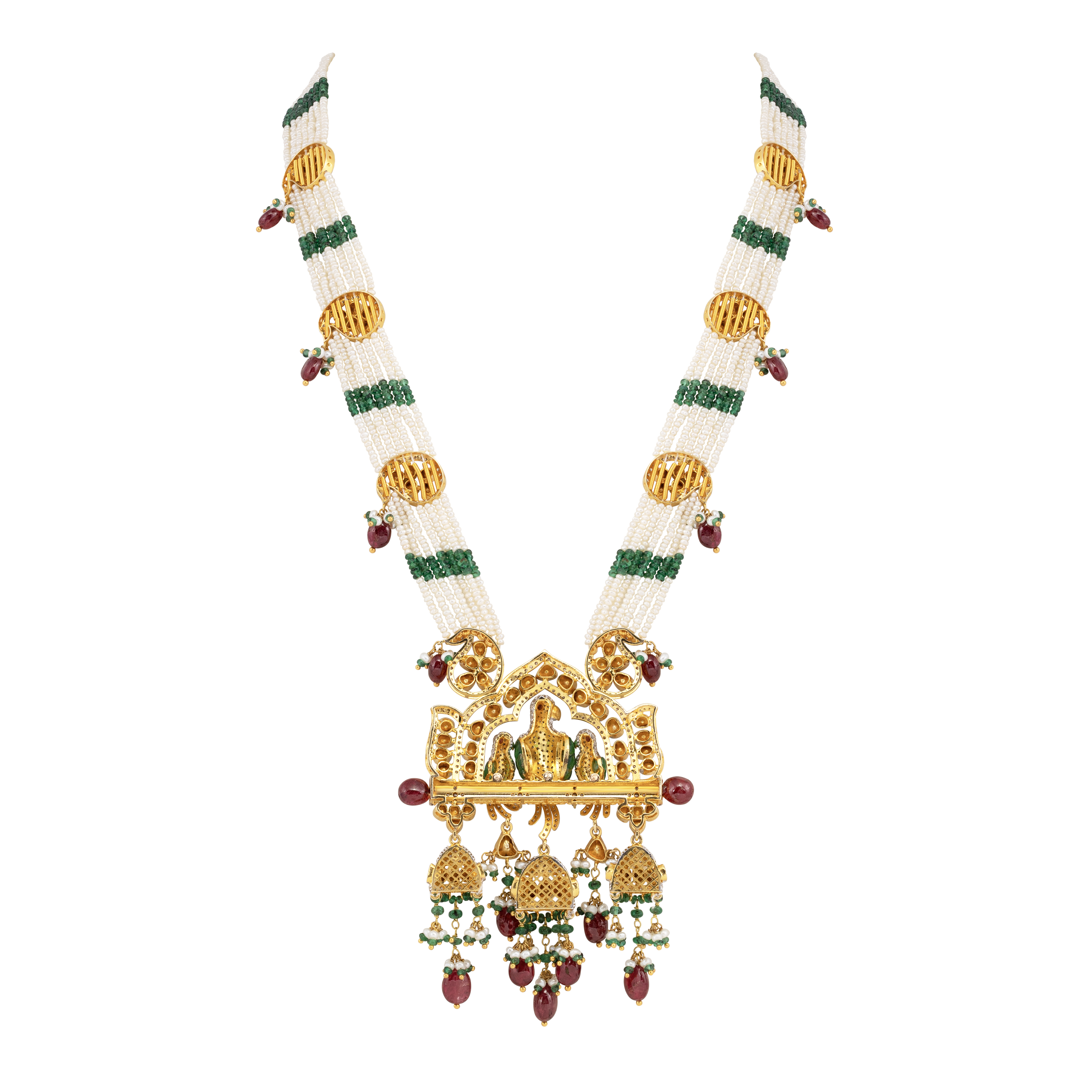 Culture Pearls and Emerald Necklace with Bird Motif Pendant