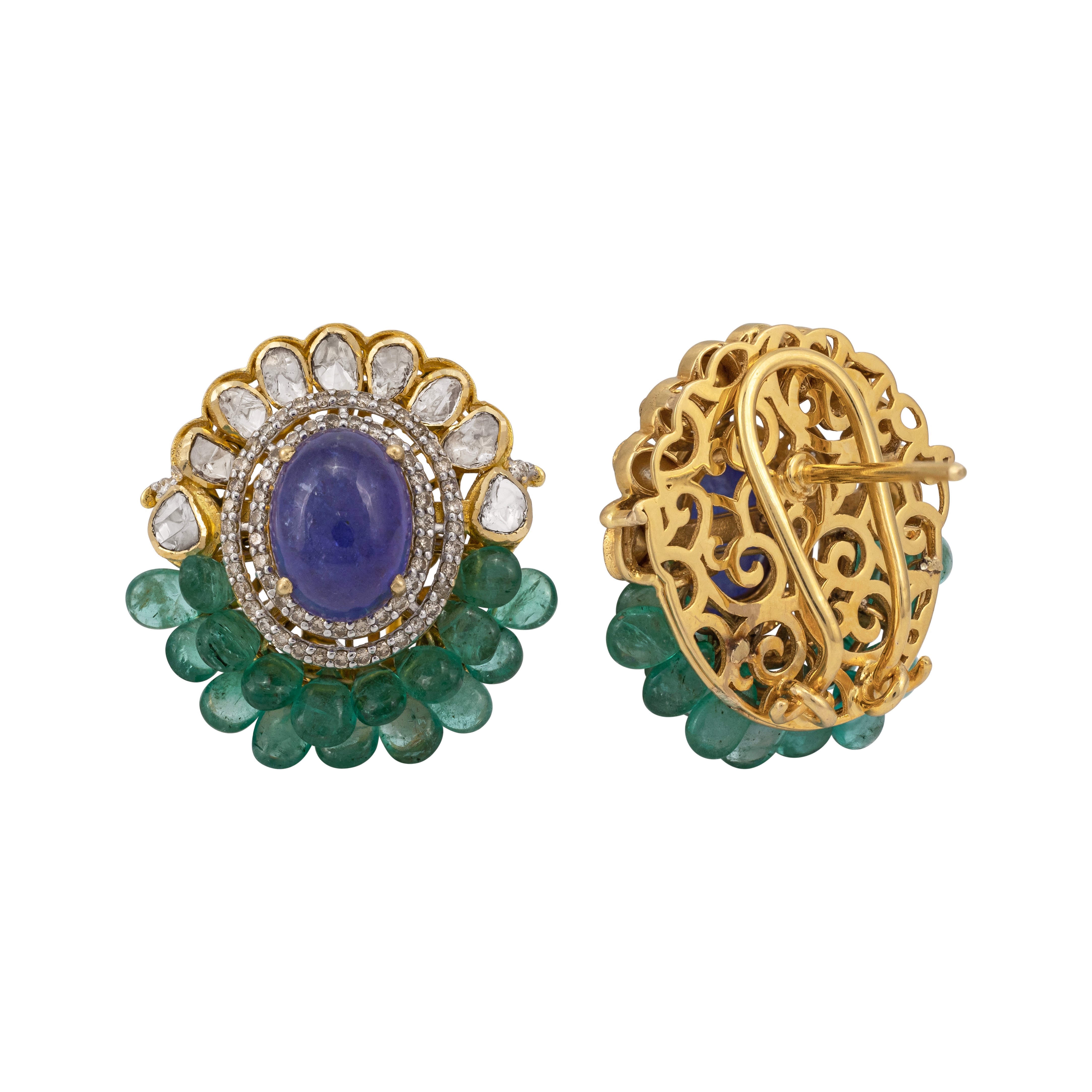Oval Tanzanite Studs with Polki Half Border and Emerald Beads