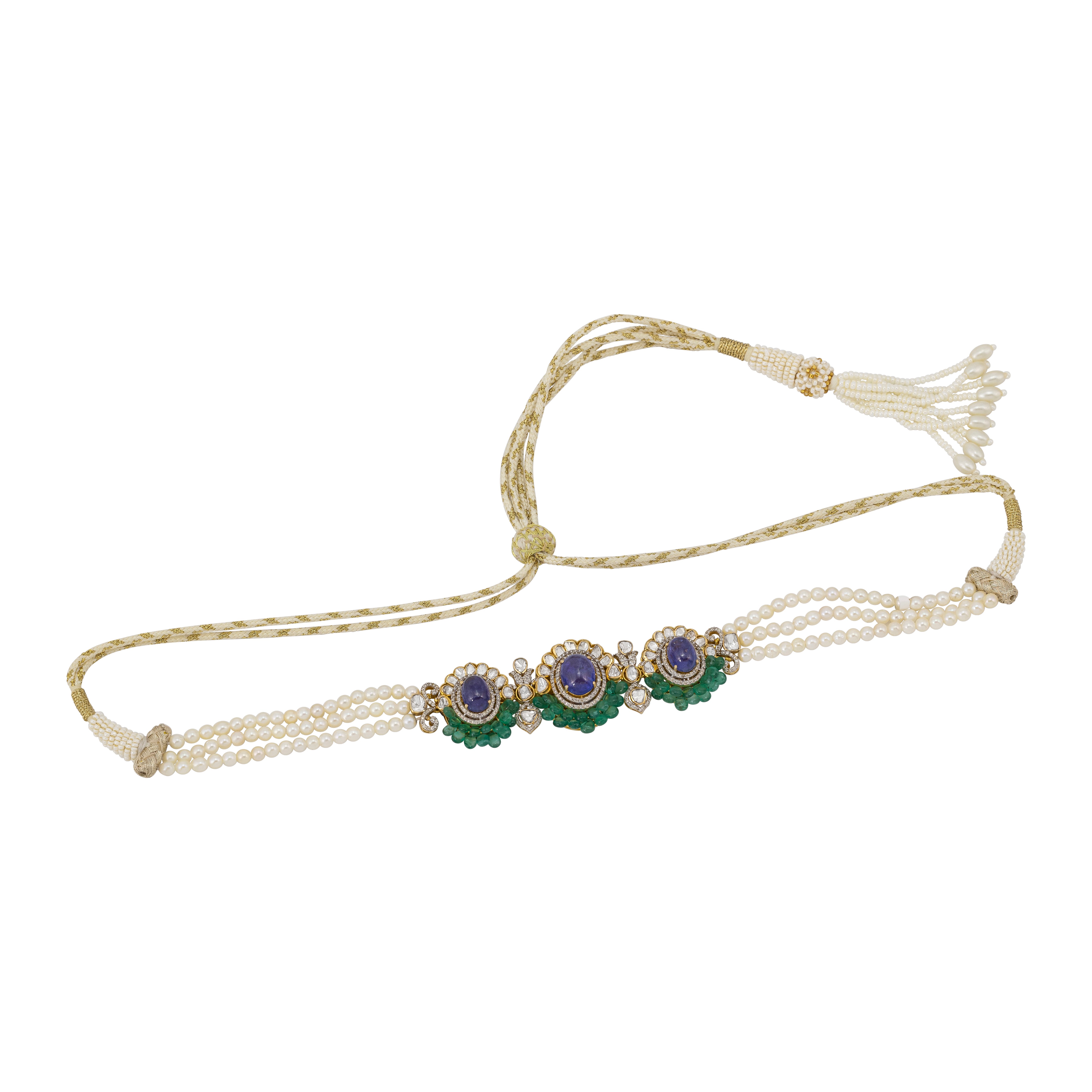 Tanzanite and Emerald Choker with Pearl Strands