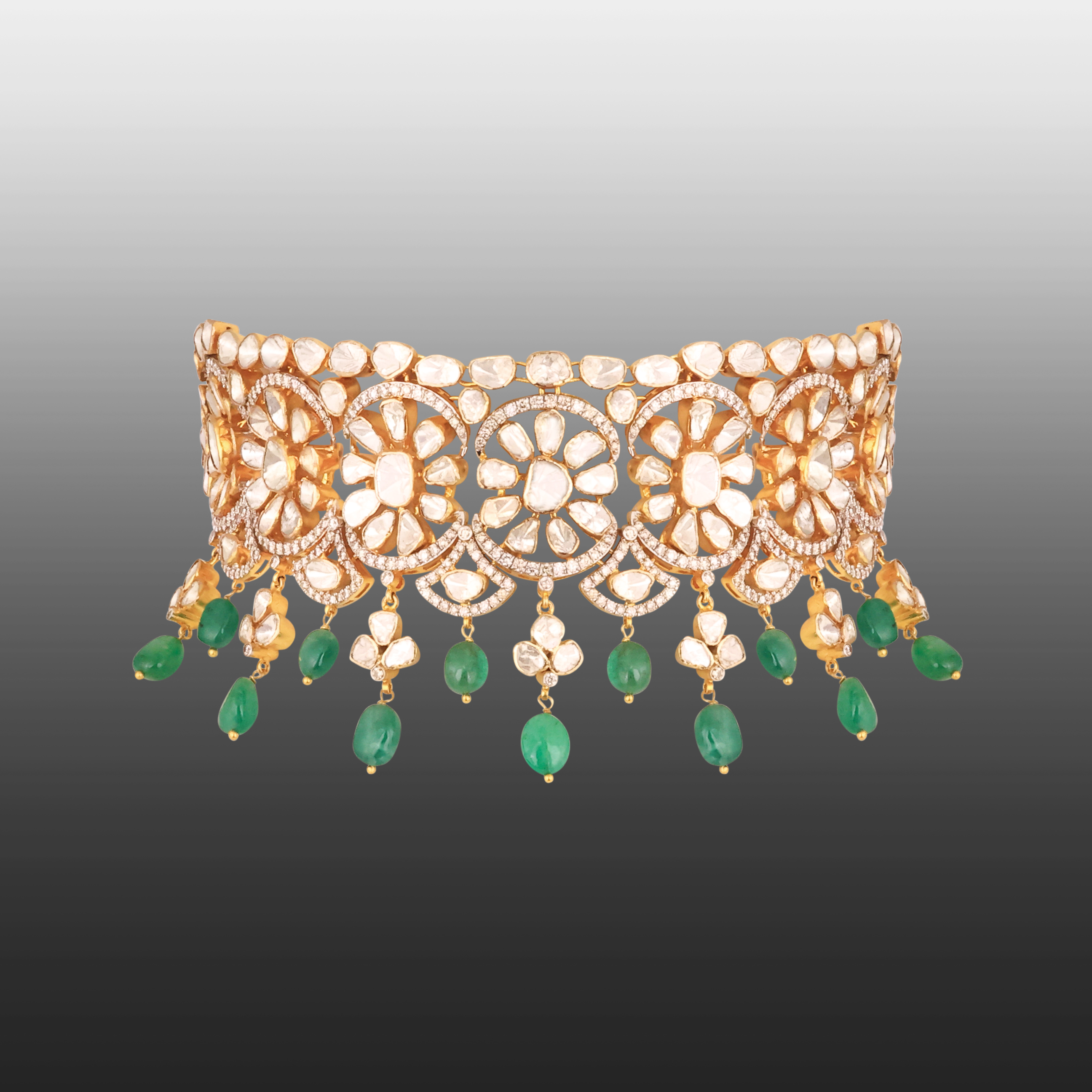 Floral Polki Choker with Emerald Beads