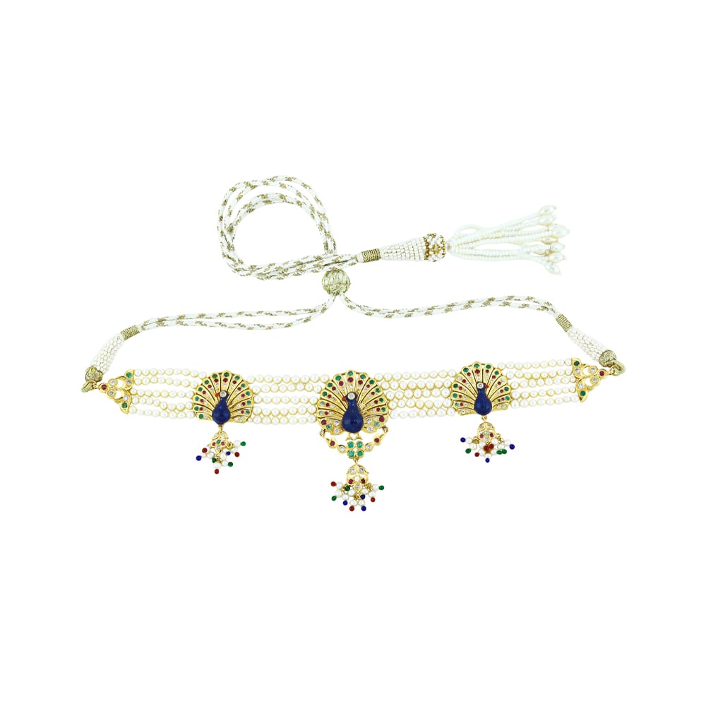Peacock Enamel Pearl Choker with Gemstones & Bead Drops
