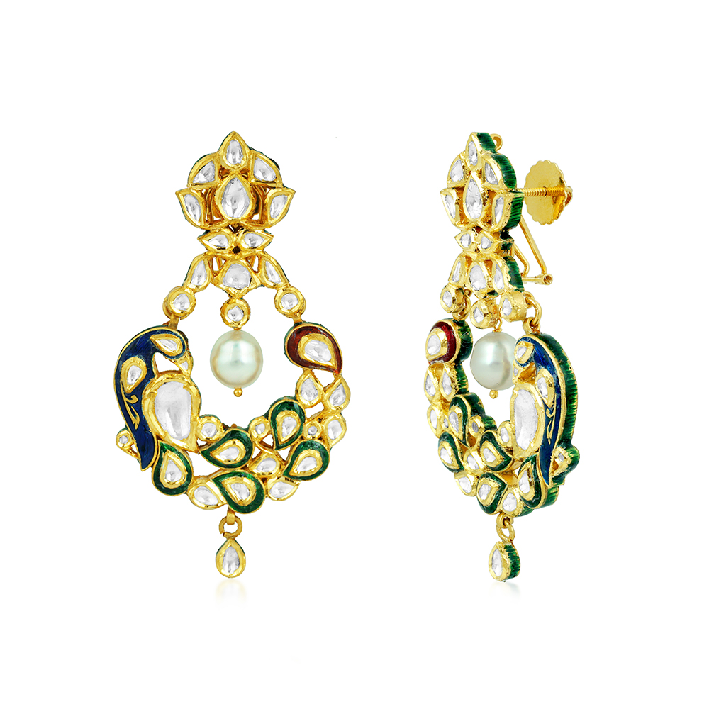 Peacock Motif Earrings with Polki, Enamel, and Pearl Drop
