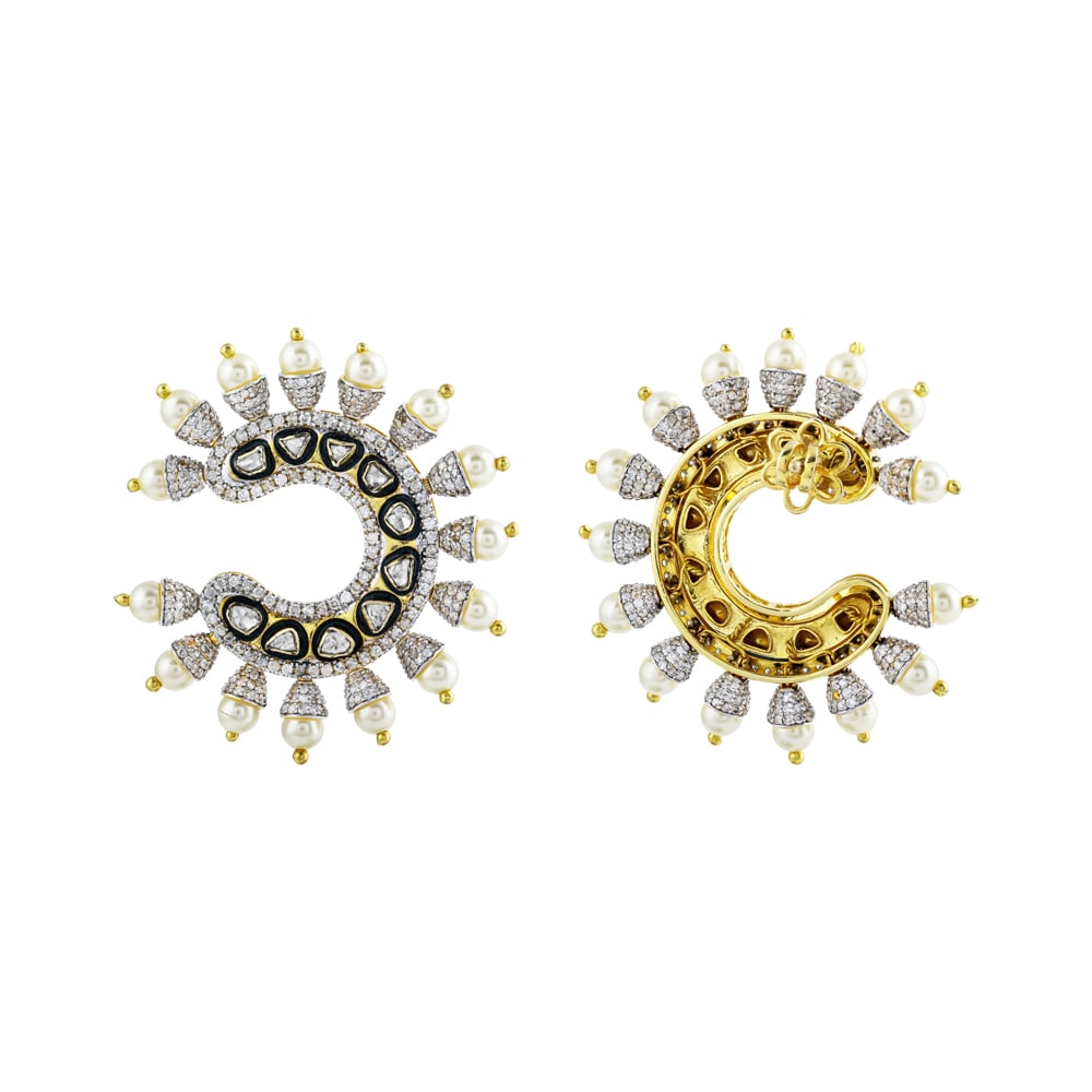 Crescent-Shaped Polki Earrings with Black Enamel, Diamonds and Pearls