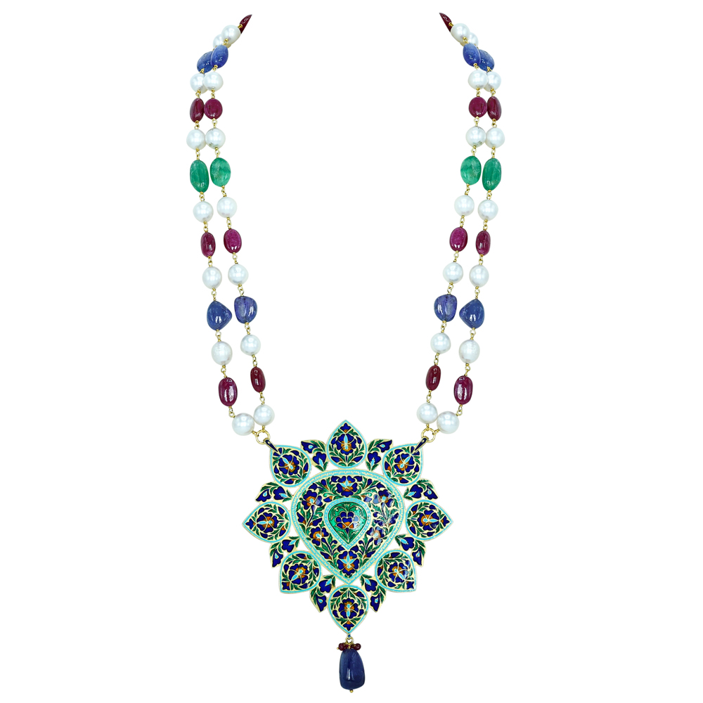 Floral Polki Necklace with Blue Red Enamel, Pearls, and Multi Gemstone Beads