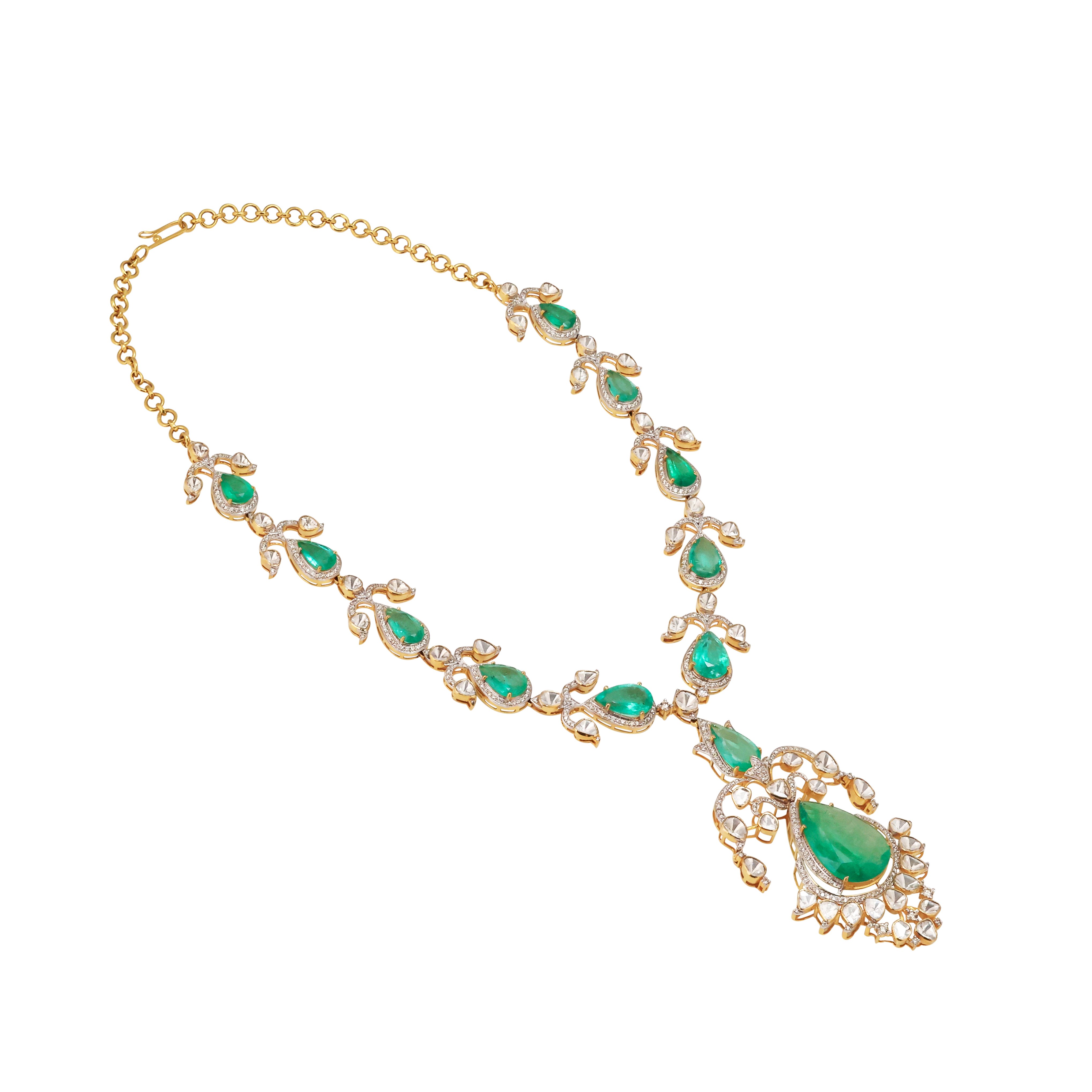 Pear Emerald Necklace Set with Diamond and Polki Detailing