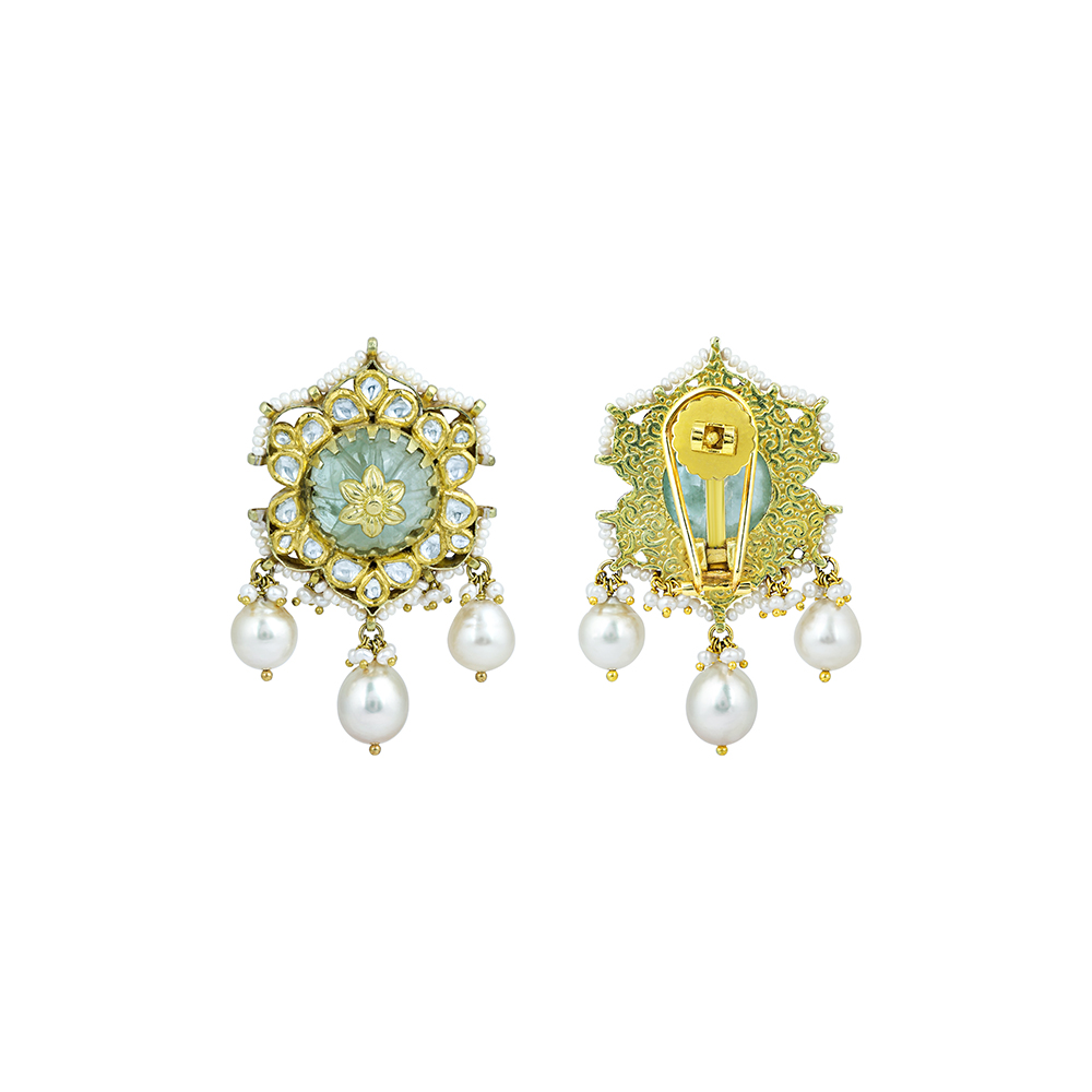Carved Stone Earrings with Polki and South Sea Pearls