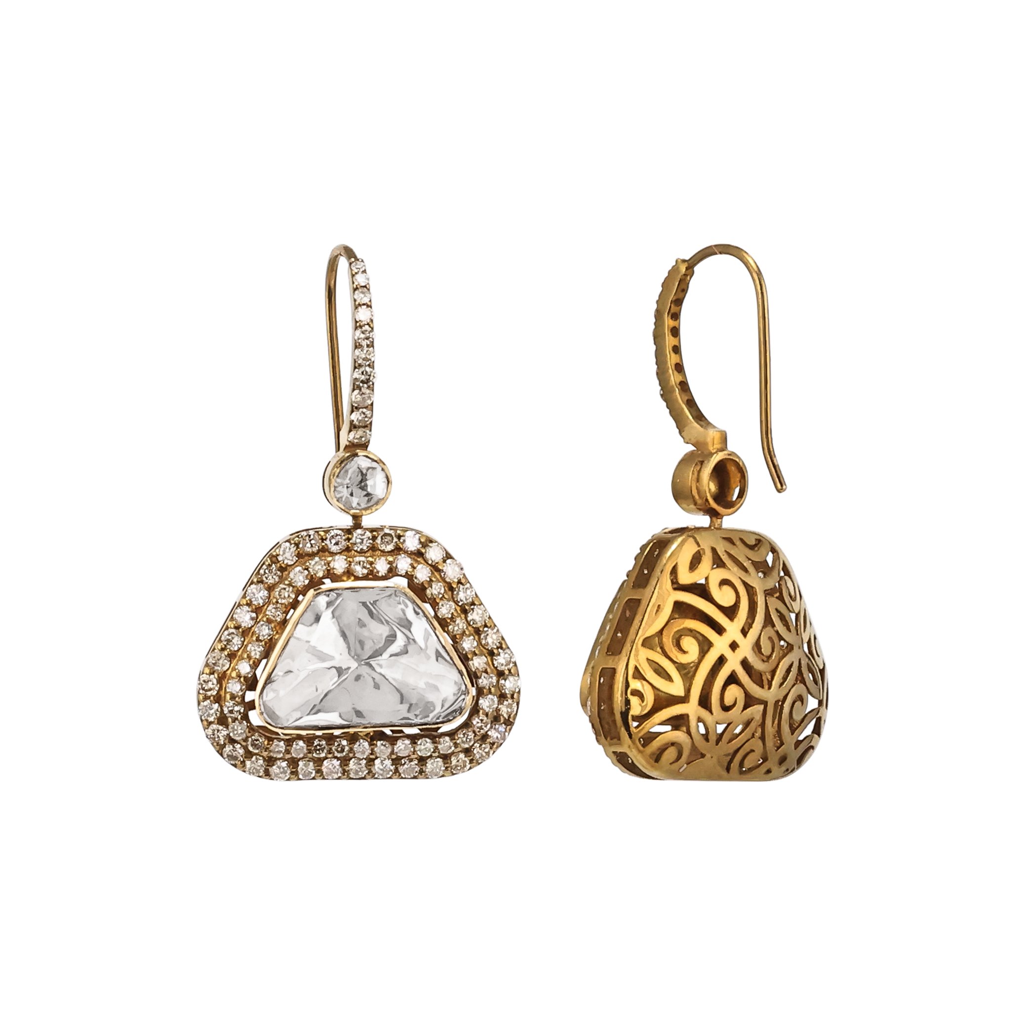 Antique-Finish Drop Polki Earrings with Diamond Border