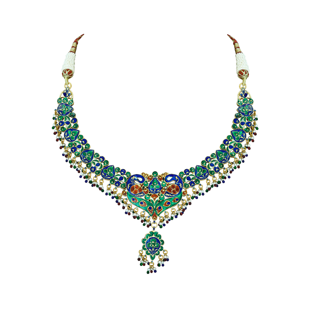 Polki Necklace with Enamel Peacock Motifs and Beads