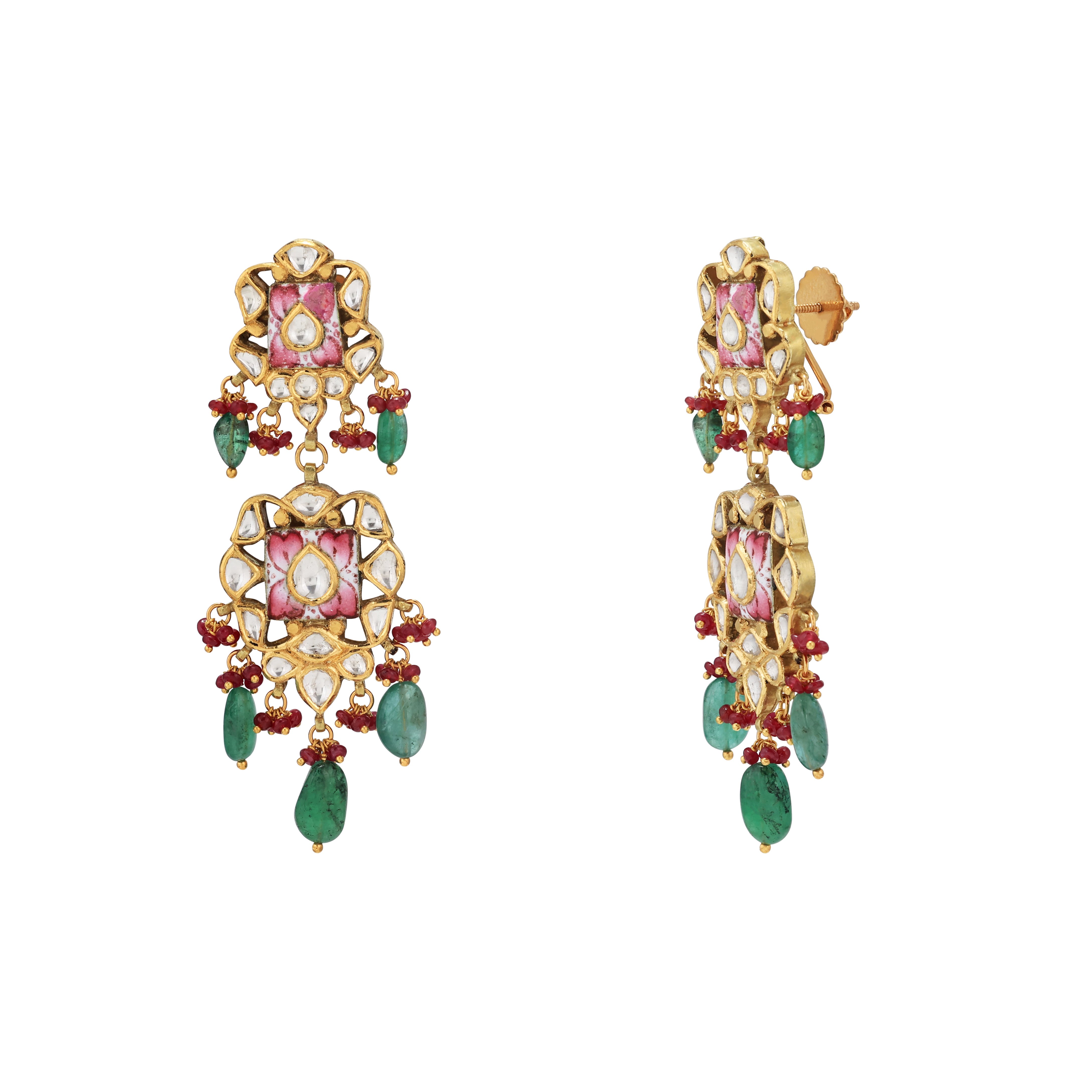 Pink Enamel Polki Earrings with Emerald Maniya and Red Beads