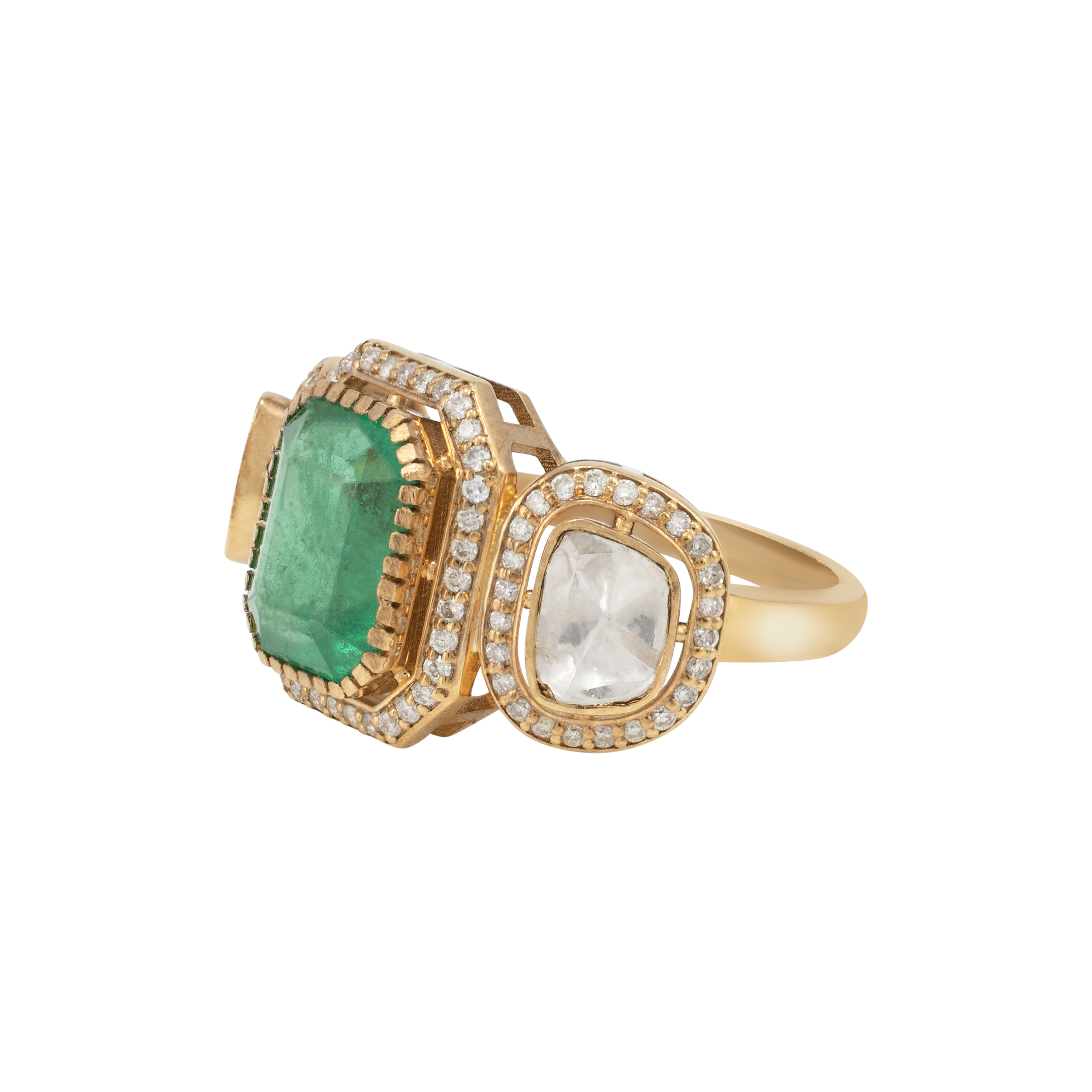 Emerald Polki Ring with Diamond Halo